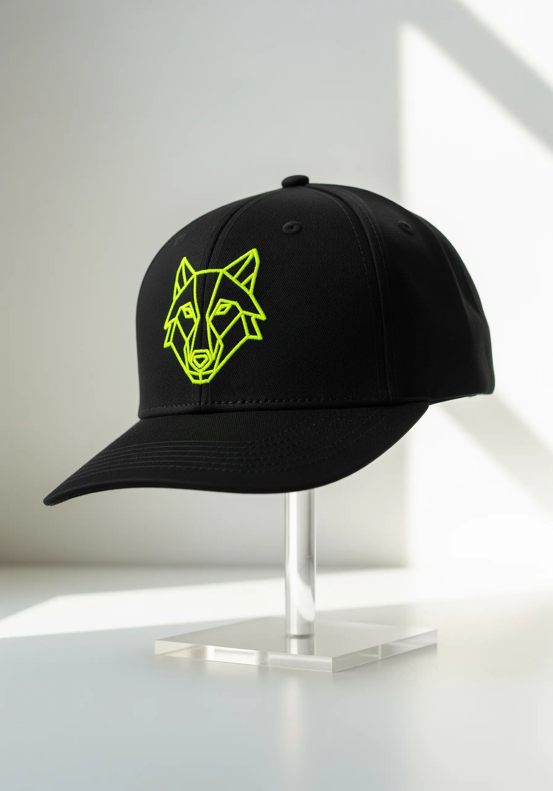 A geometric wolf head outlined in neon lime green thread on a black baseball cap.