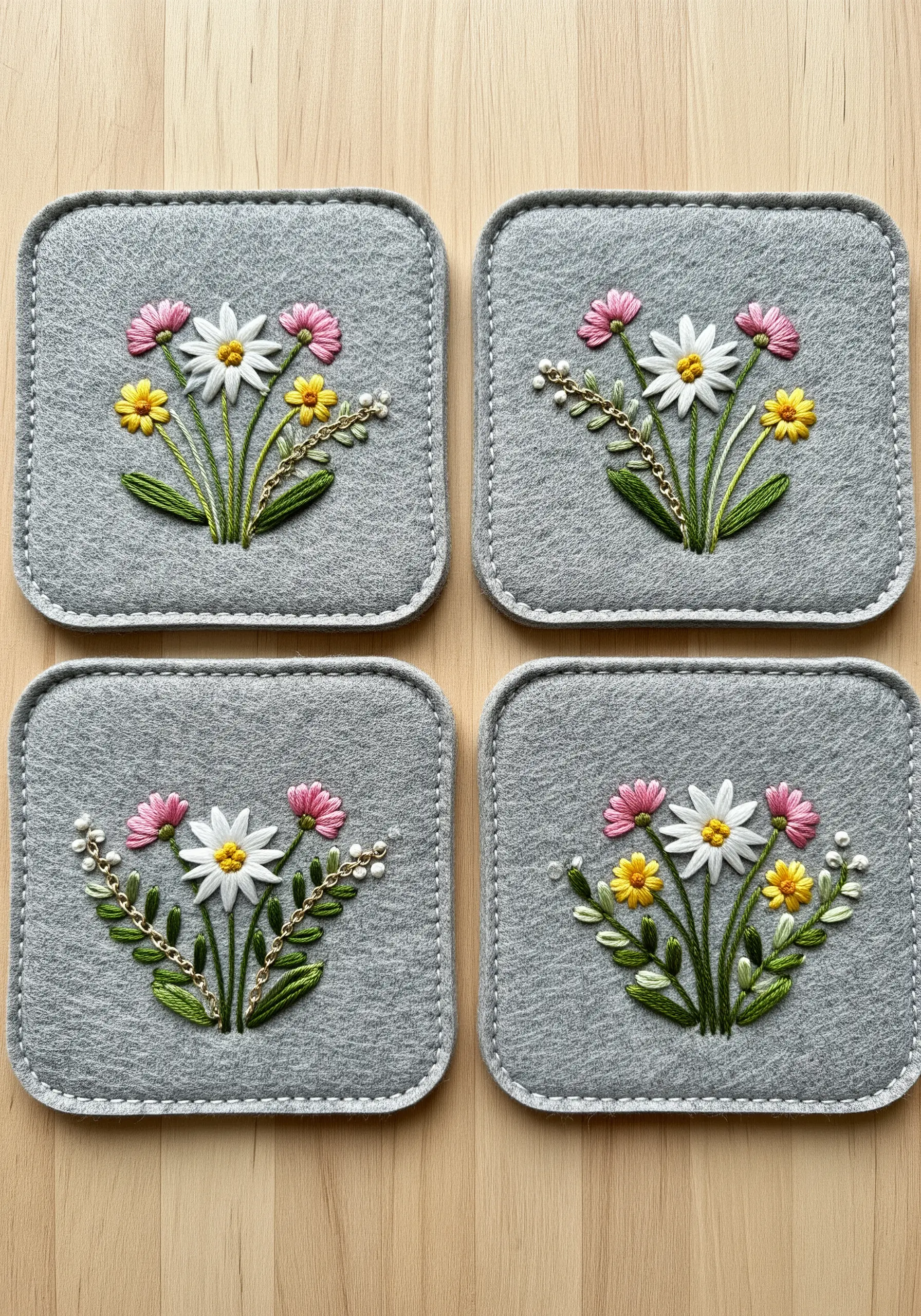 Four grey felt coasters with delicate floral bouquets made from ribbon embroidery.