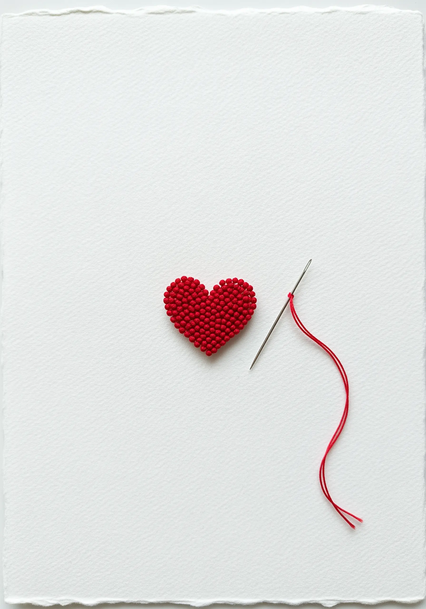A small heart filled with tiny, dense red seed beads on textured white paper.
