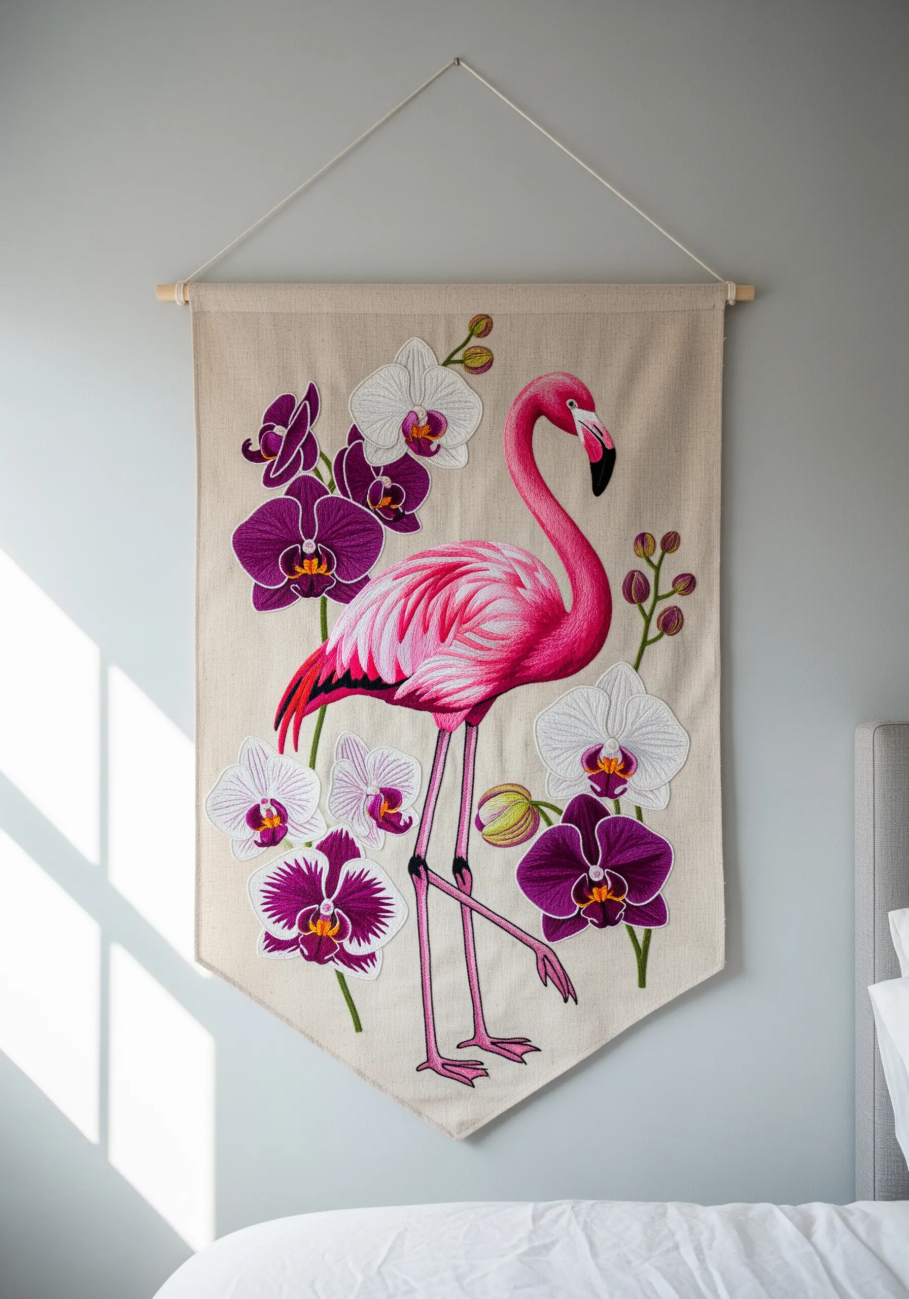 An embroidered pink flamingo on a wall banner, layered with purple and white orchids.