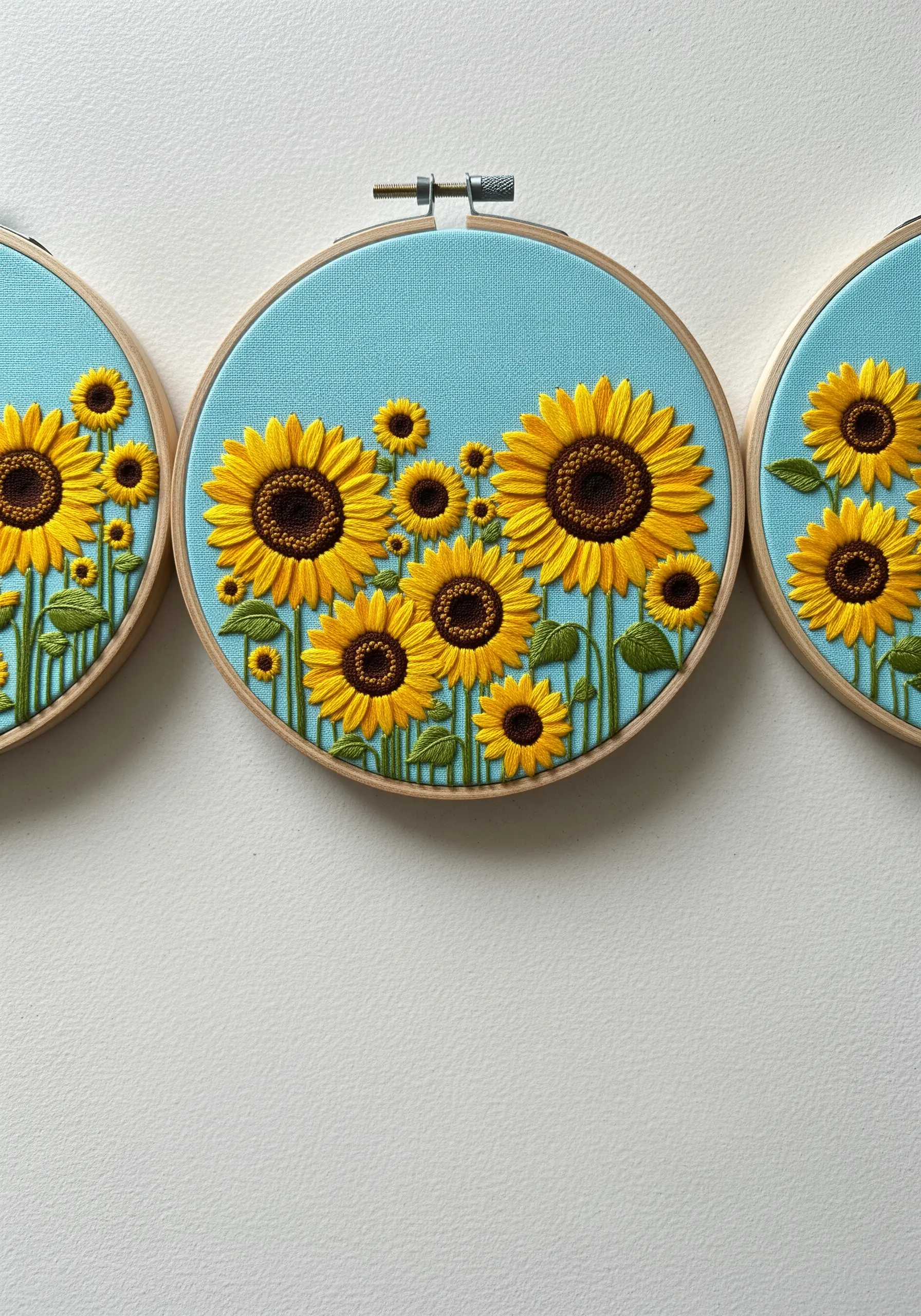 A continuous field of vibrant sunflowers stitched across three adjacent embroidery hoops.