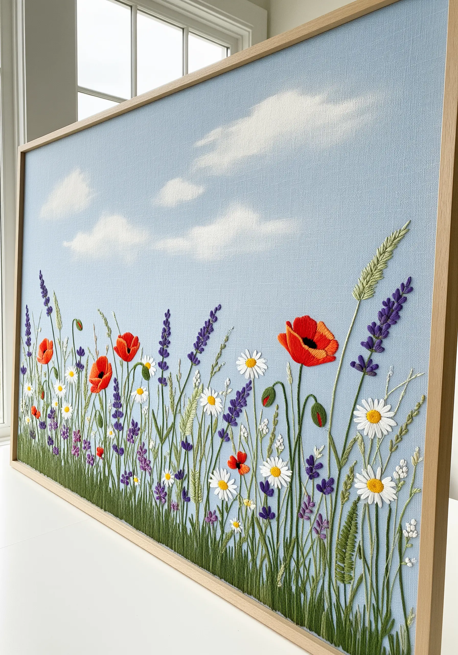 Framed embroidery of a vibrant wildflower meadow with poppies, lavender, and daisies under a blue sky.