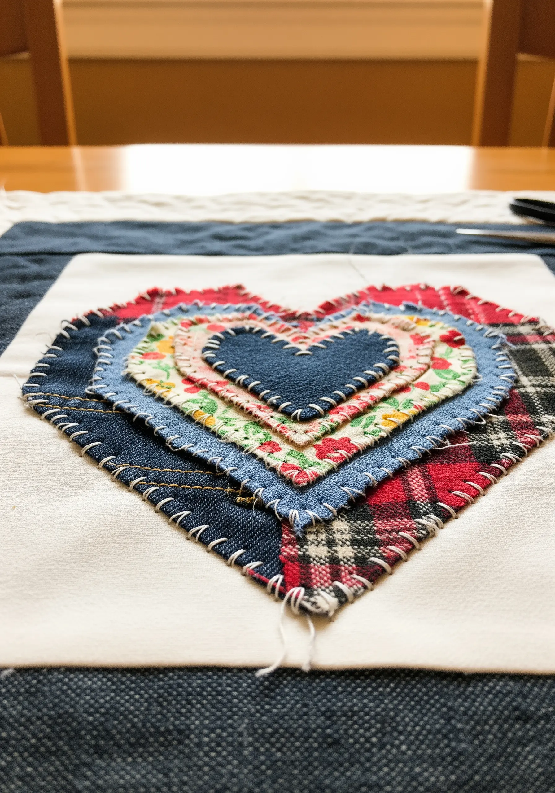 A layered heart made from different fabrics like denim and plaid, with visible white whip stitches.