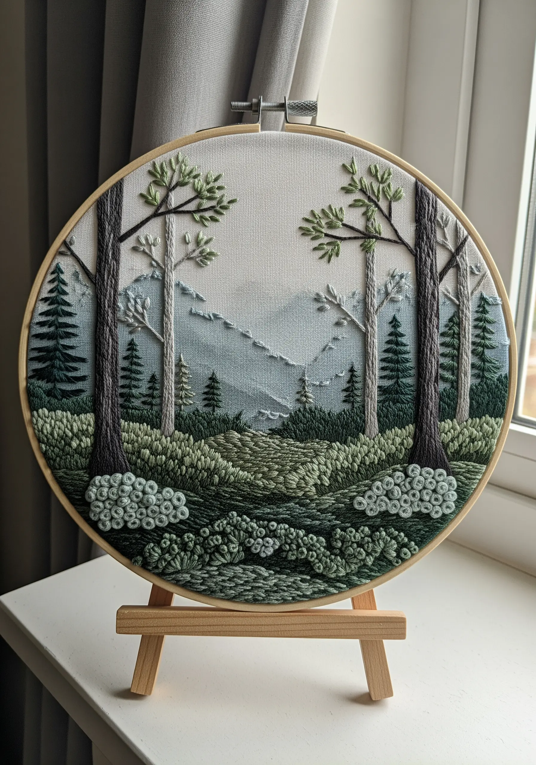 Detailed landscape embroidery showing atmospheric perspective with layered textures