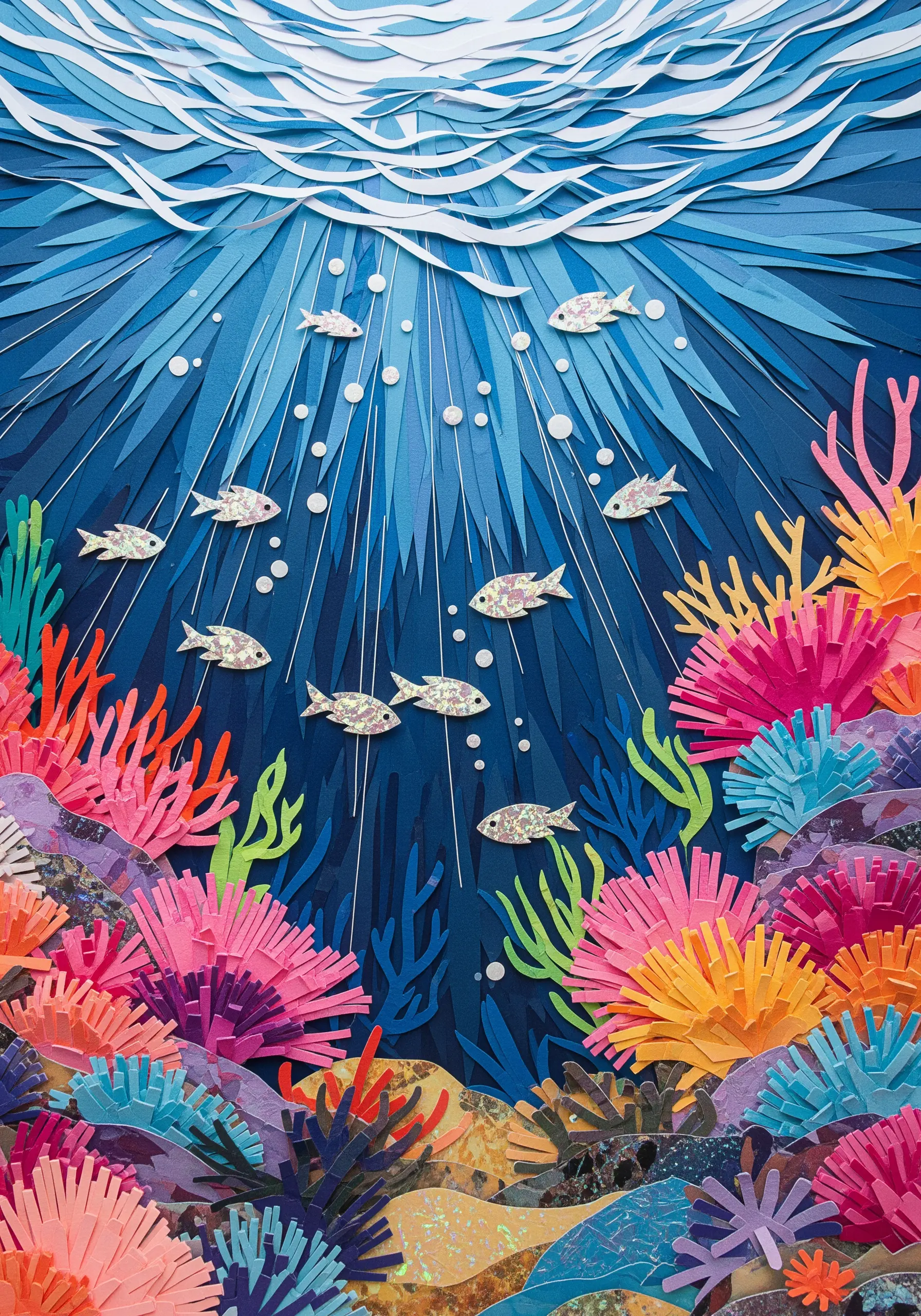 A vibrant, layered paper collage of an underwater coral reef scene with fish.