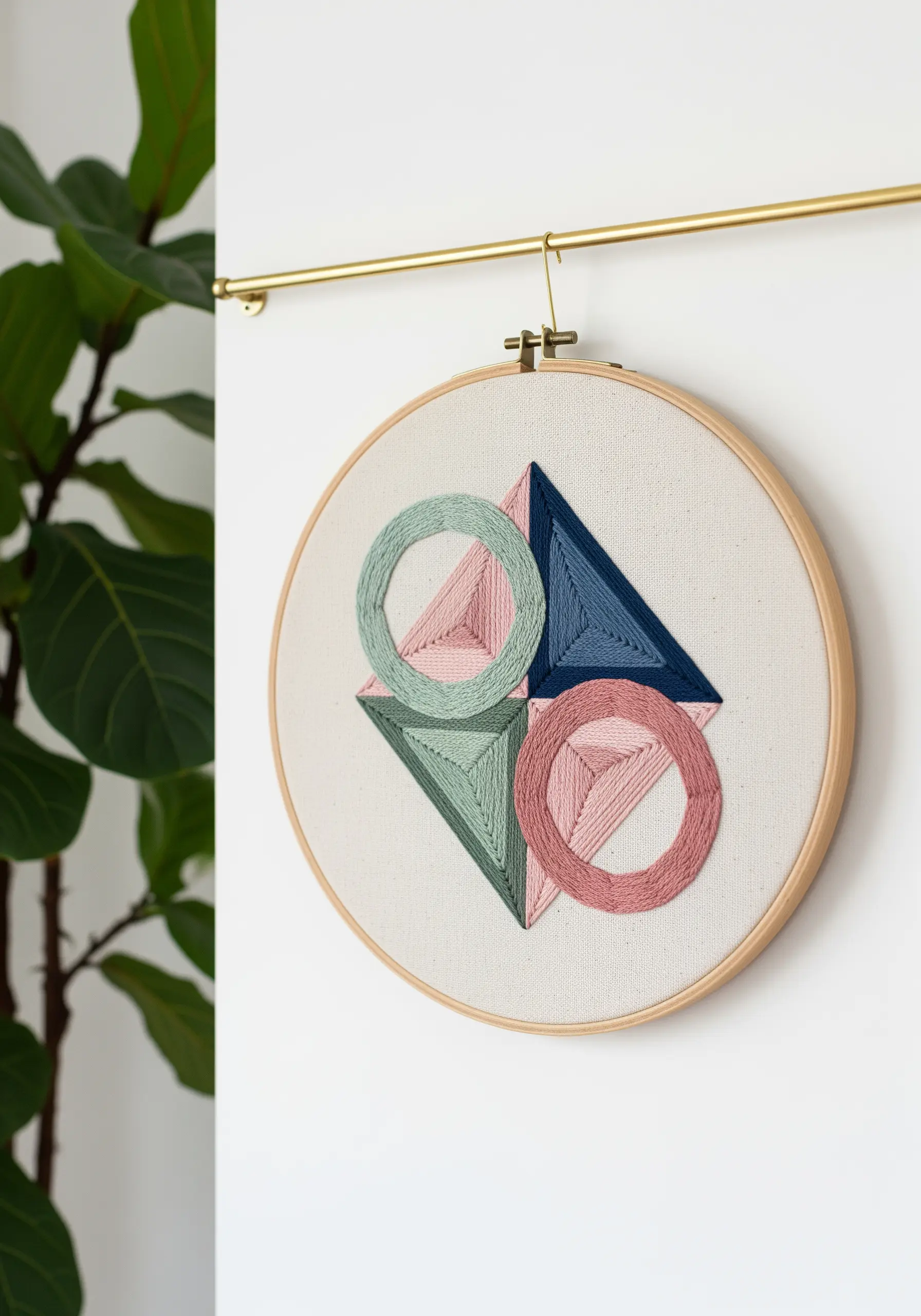 Geometric embroidery with circles and triangles in muted greens, pinks, and blues.