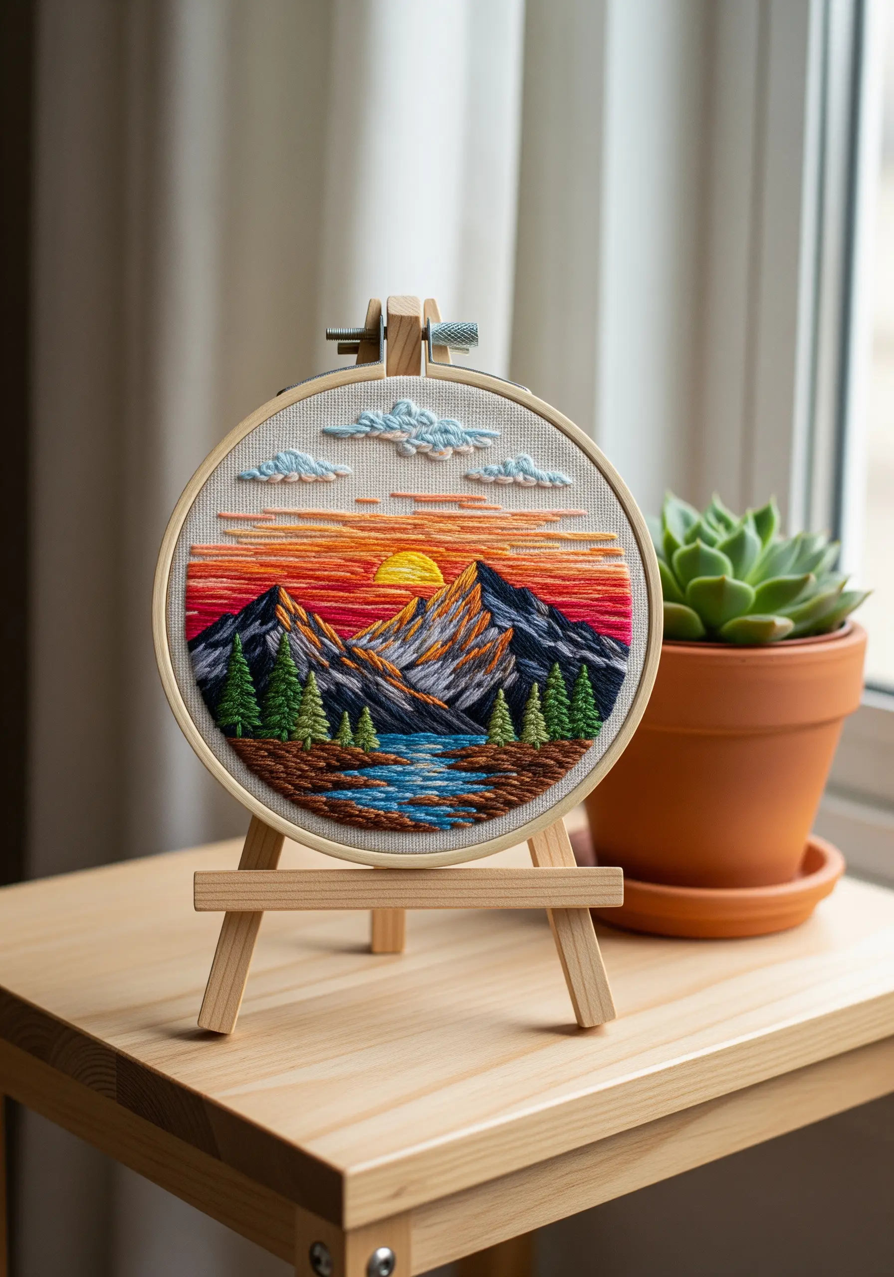 Embroidered mountain landscape with a satin-stitched sunset sky.