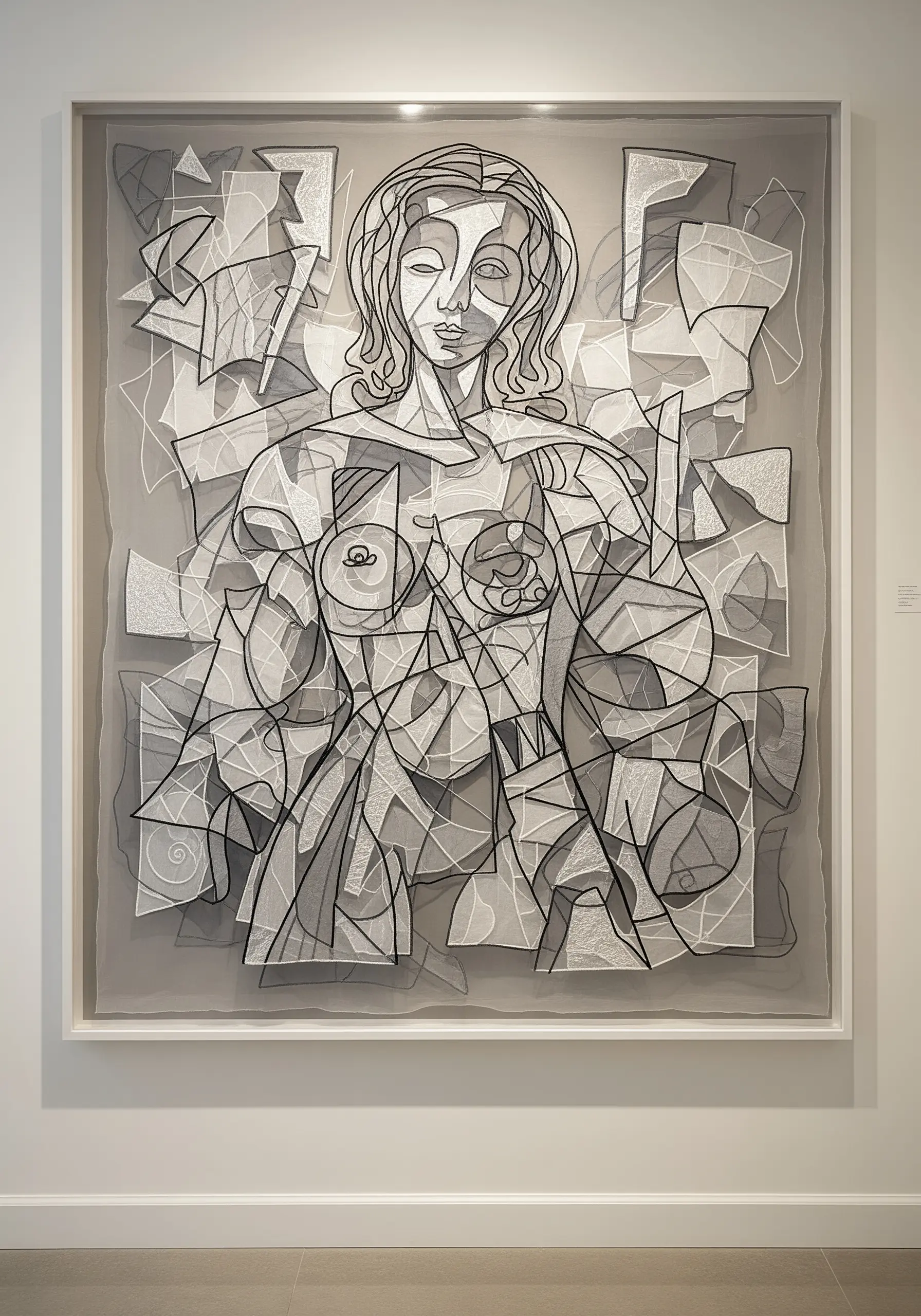 Abstract figurative art stitched in black and silver on layered sheer fabric.