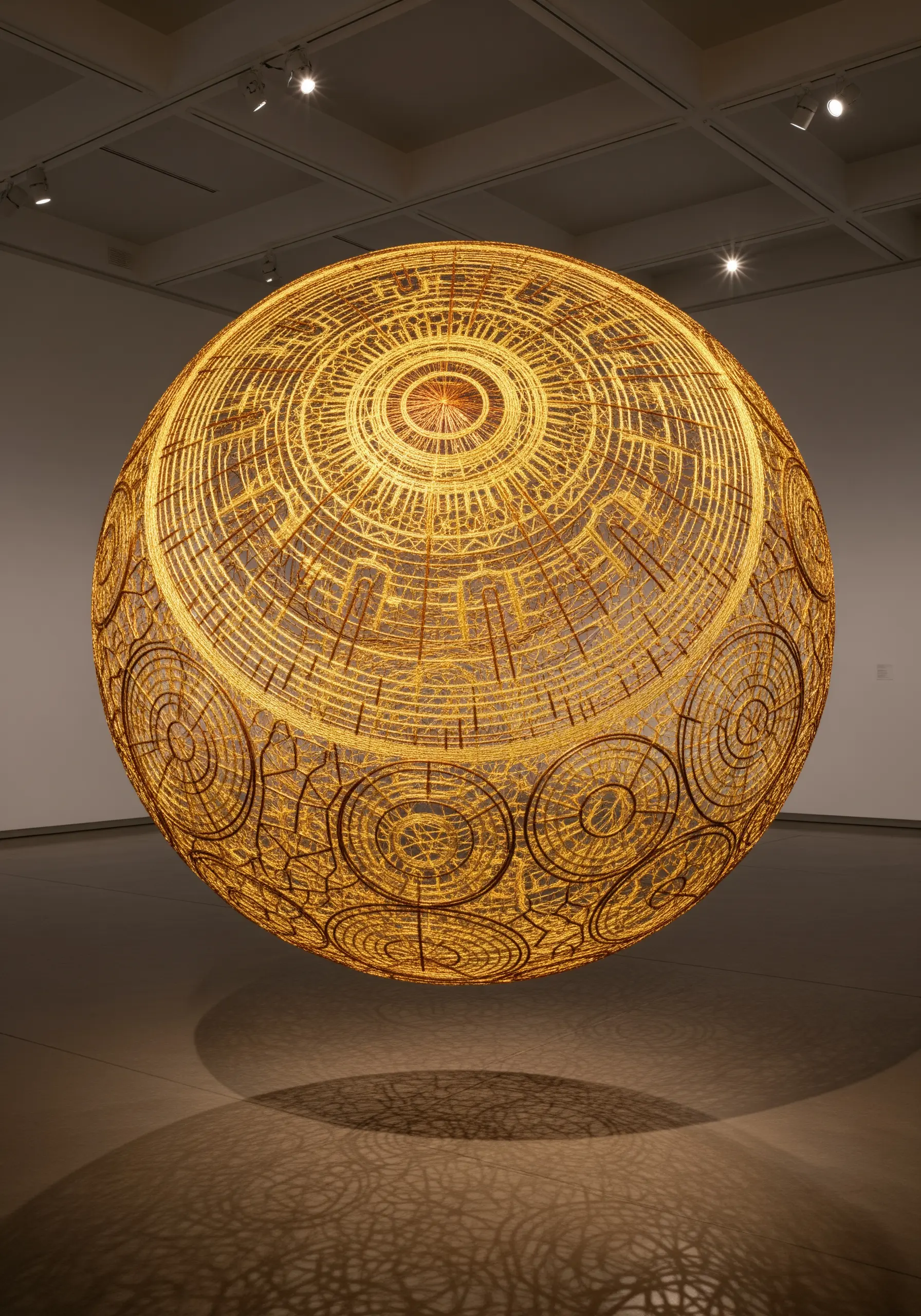 An intricate golden sphere made from layers of geometric embroidery on sheer fabric.