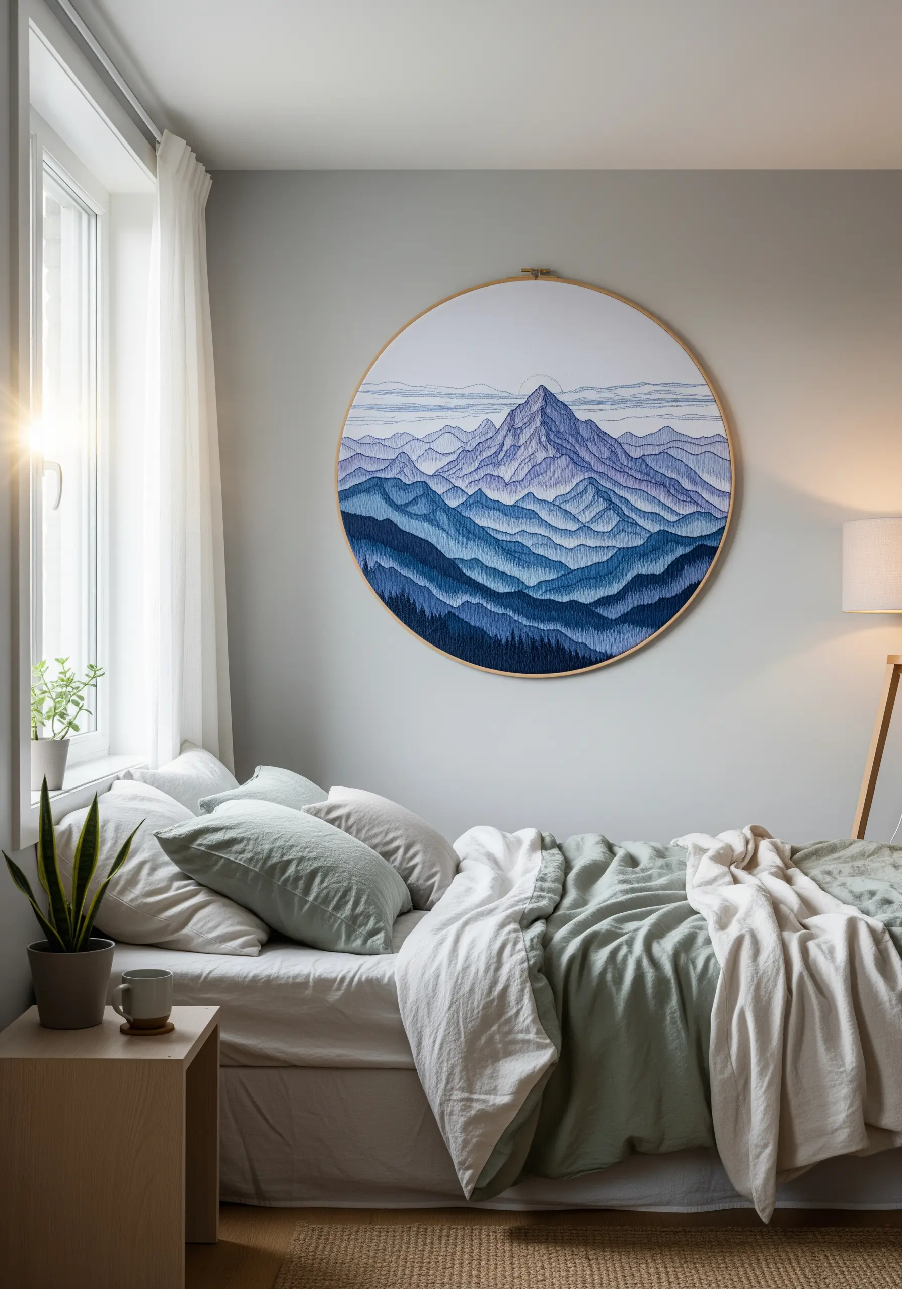 A large embroidery hoop depicting layered mountain ranges in shades of blue and purple.