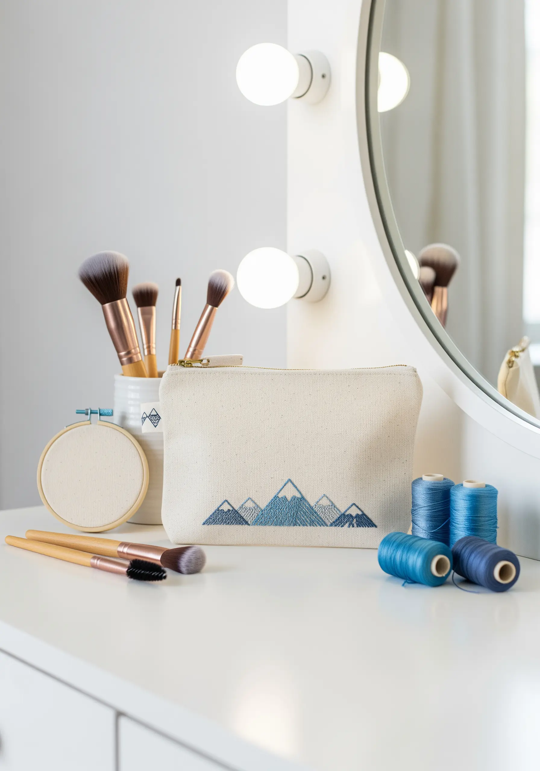 Embroidered mountain range on a canvas pouch using shades of blue thread to create depth.