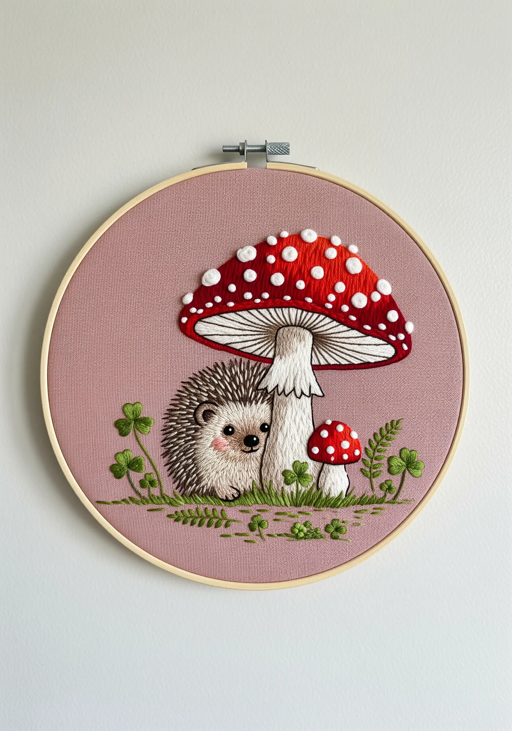 Embroidered hedgehog peeking out from under a large red and white toadstool.
