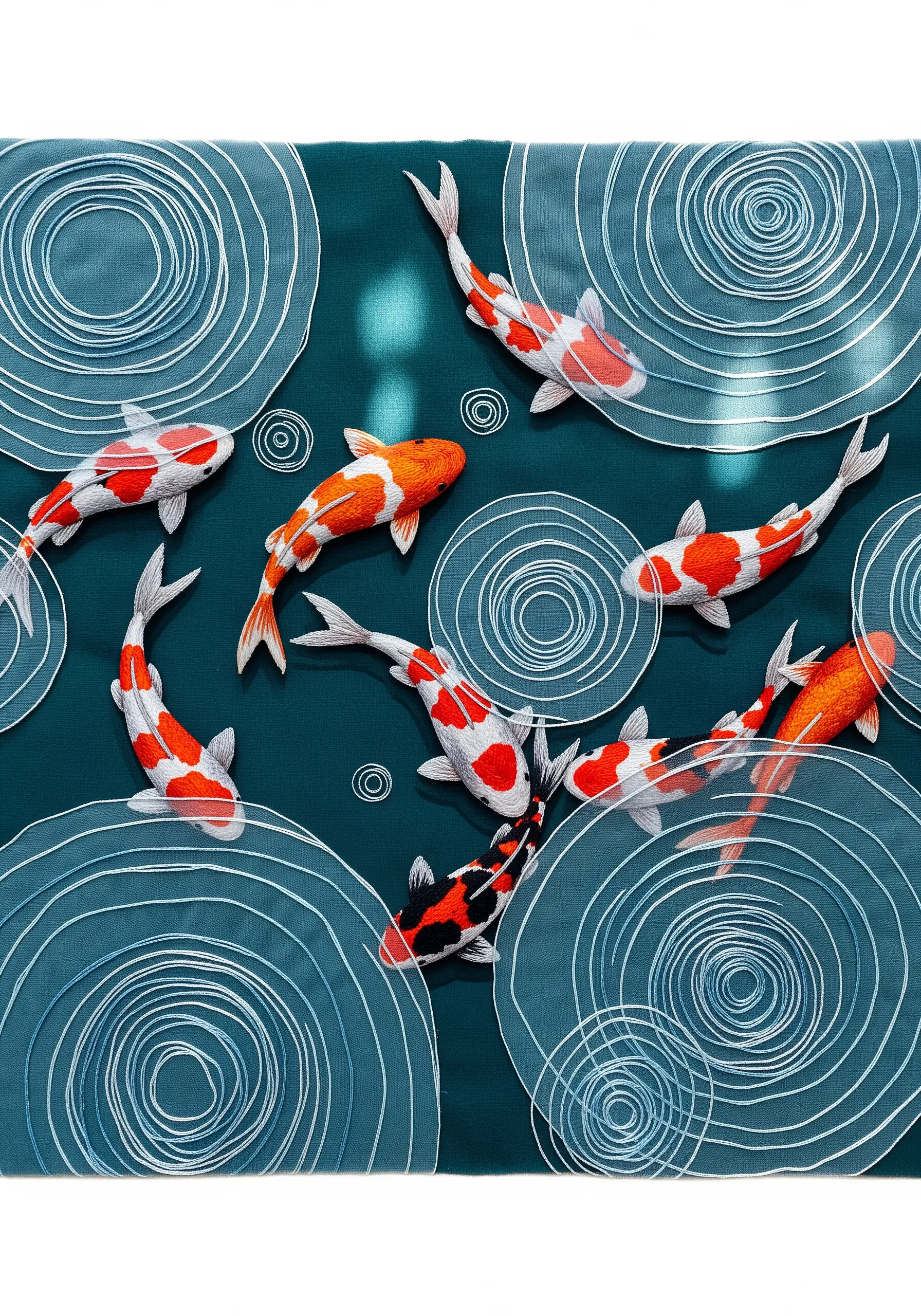 Embroidered koi fish swimming beneath sheer organza circles that represent water ripples.