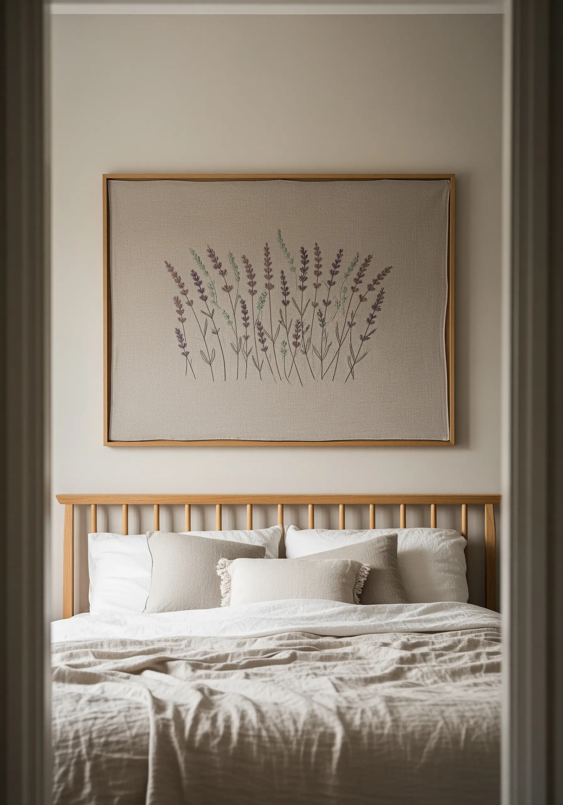 Framed embroidery of lavender sprigs in muted purple and green, hanging above a bed.