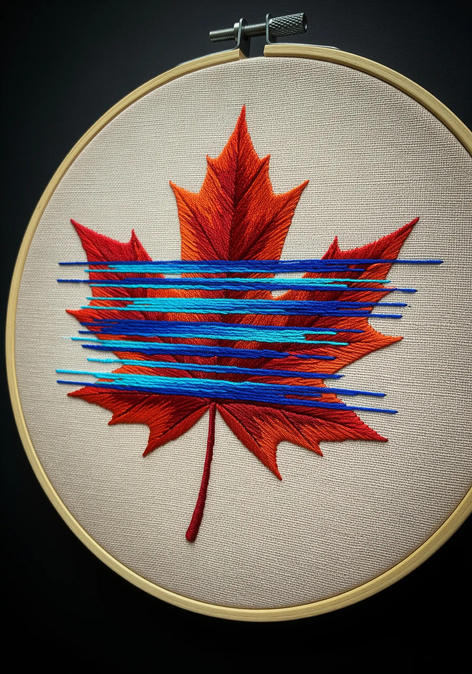 Embroidered red maple leaf with horizontal blue threads creating a glitch effect.