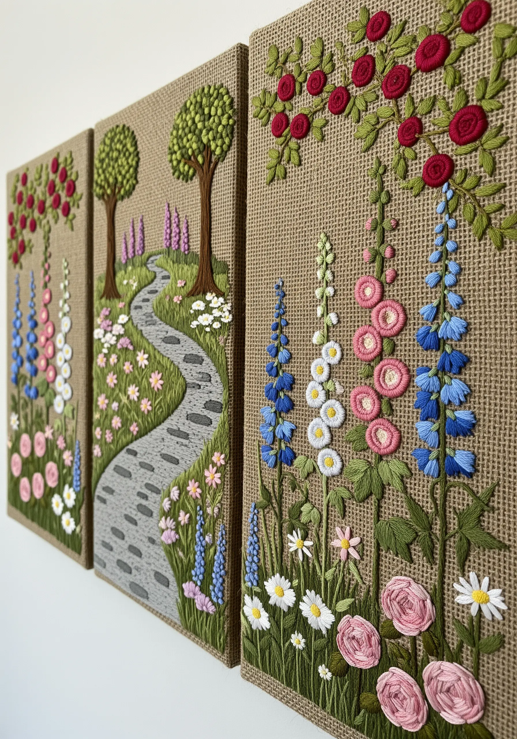 A garden path scene stitched on three burlap canvases, with highly textured flowers.
