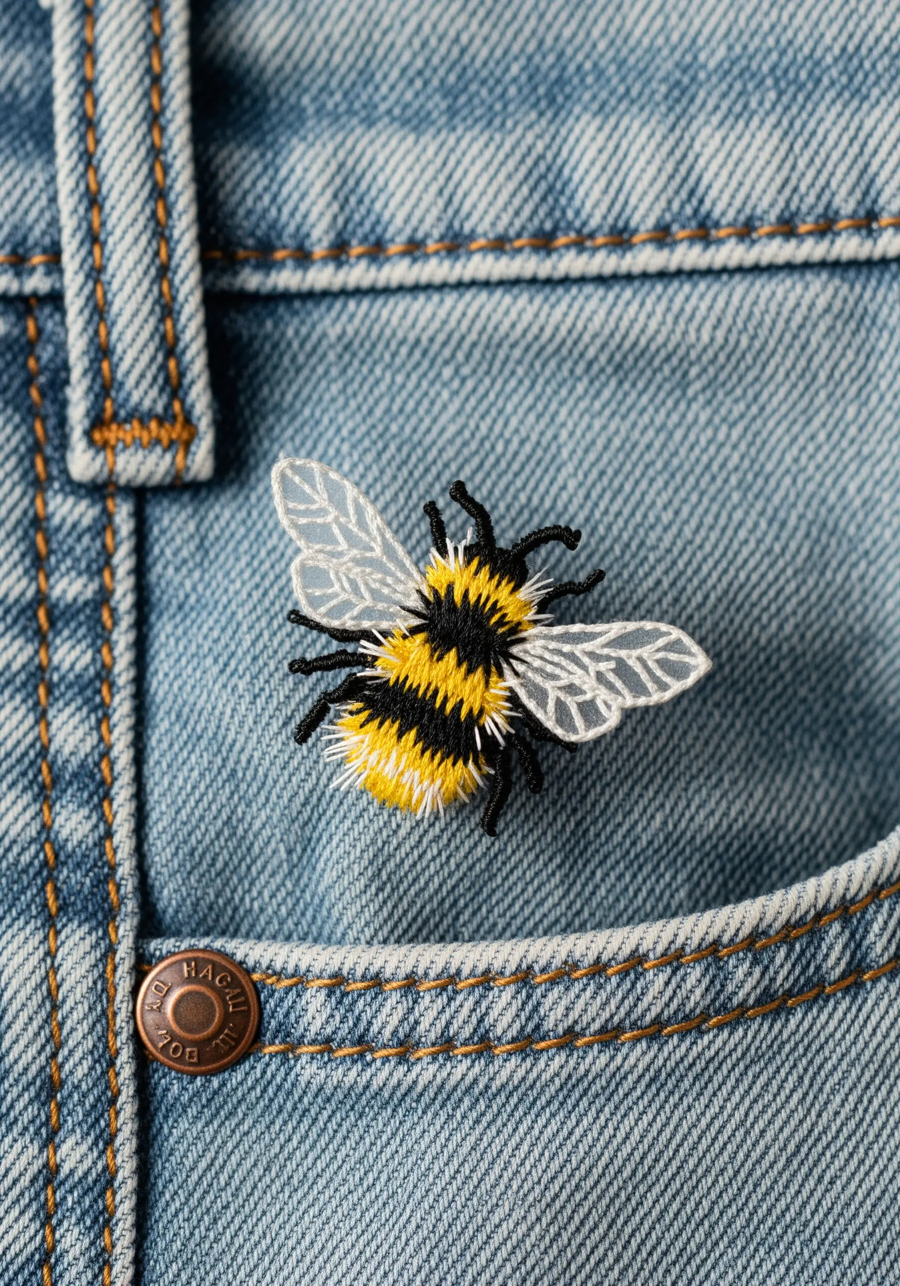 Close-up of a 3D embroidered bee with sheer wings on a denim pocket.