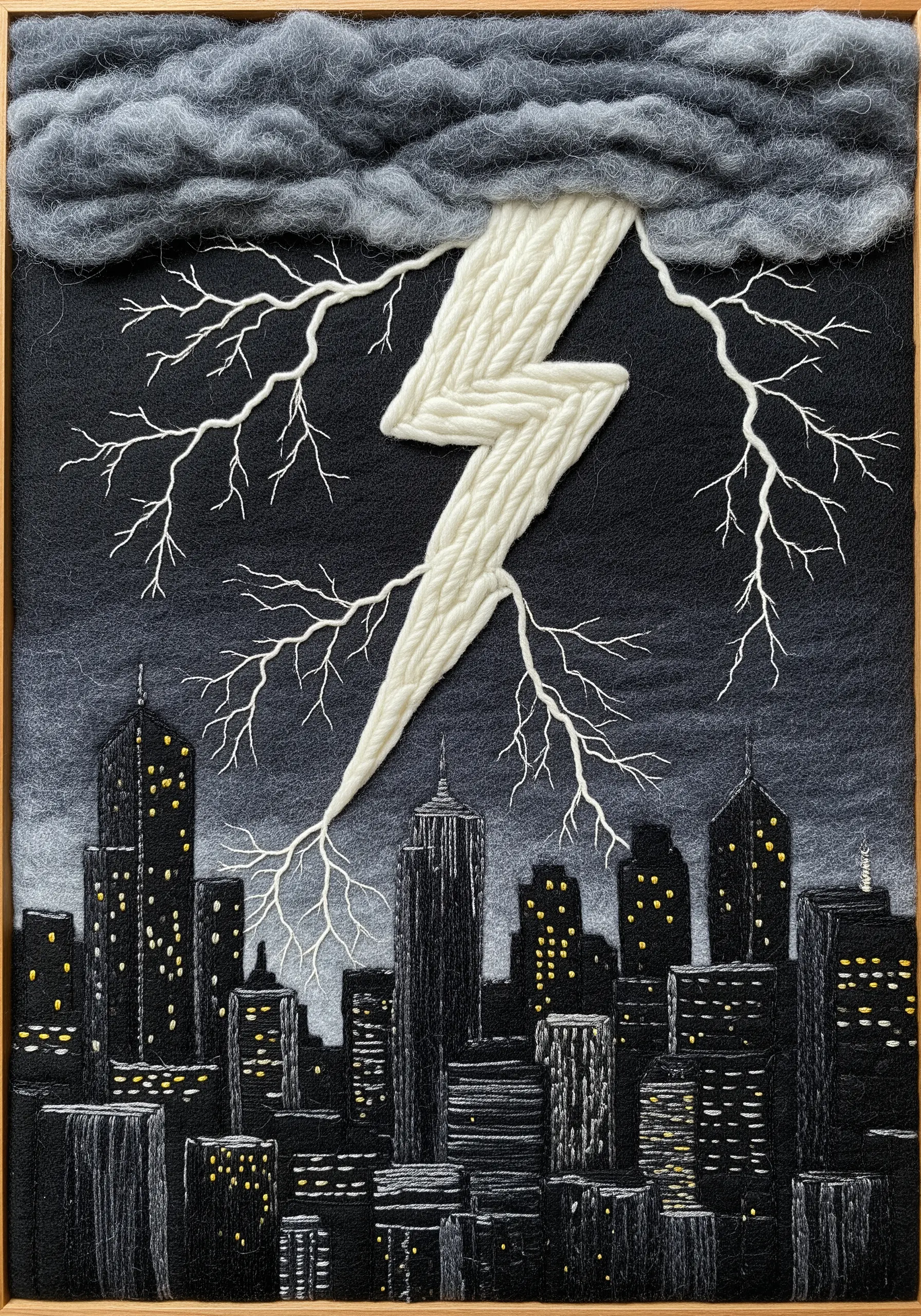 Mixed-media embroidery of a lightning storm over a city, with a felted wool cloud.