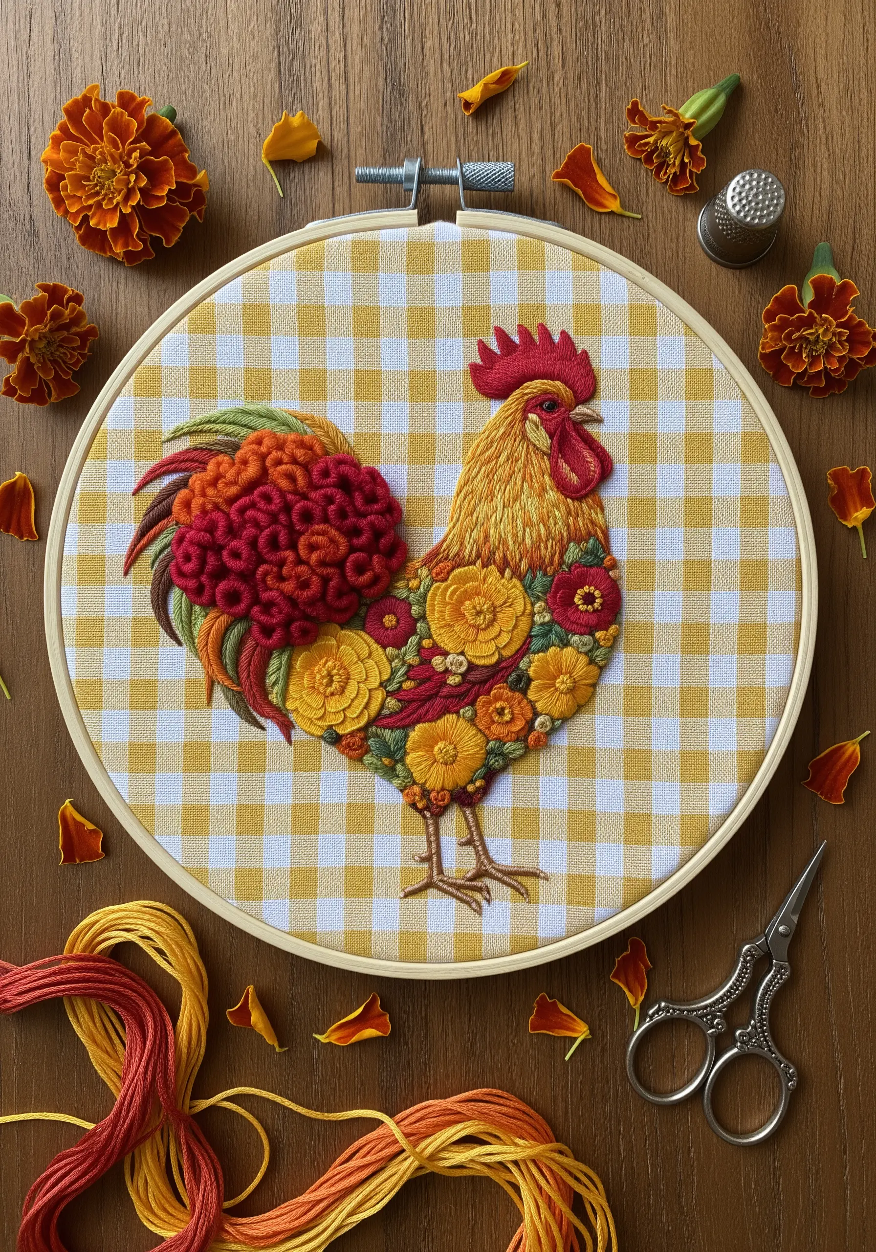 A rooster embroidered with 3D woven wheel roses and bullion knots on a gingham fabric.