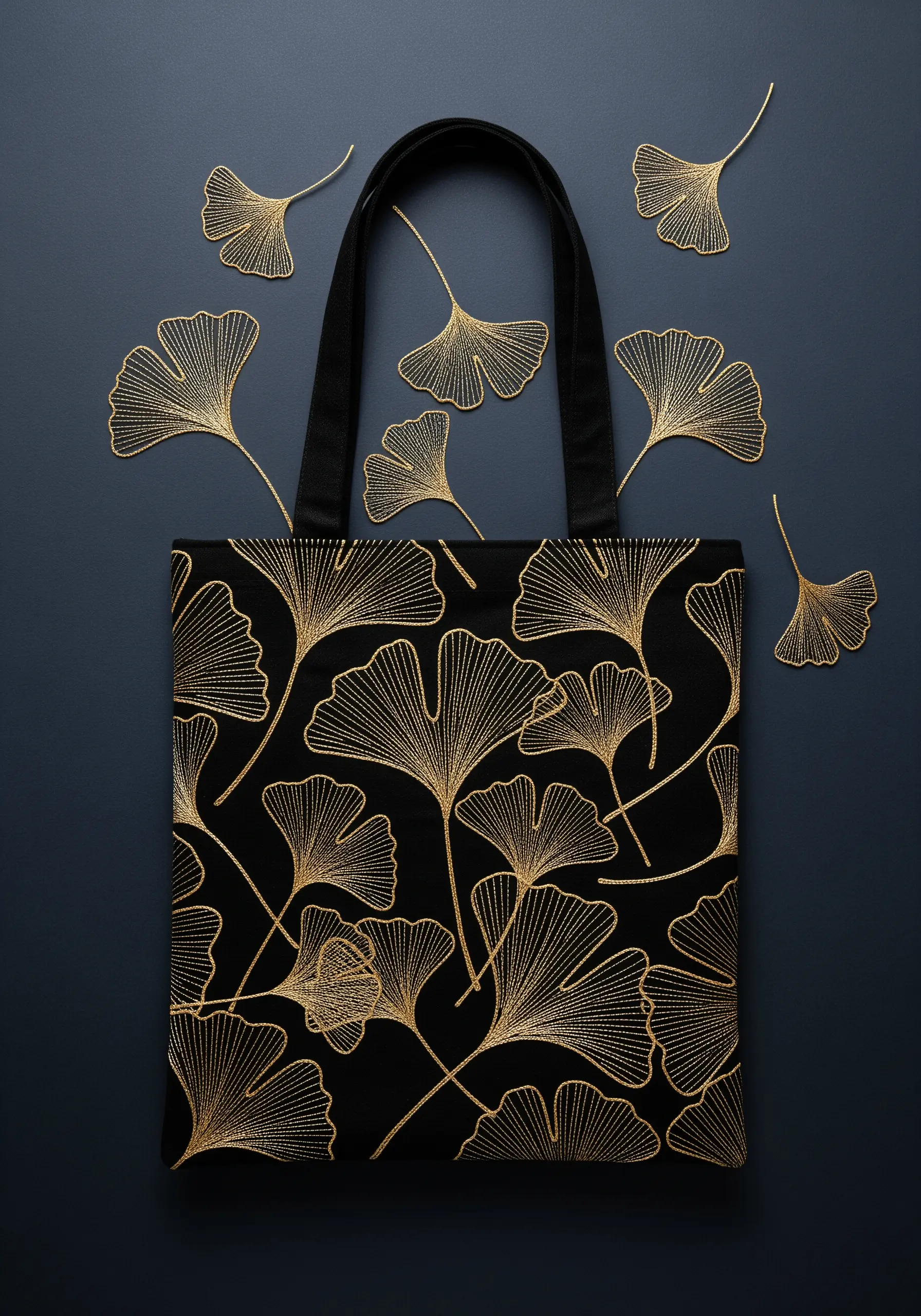 A pattern of elegant gold ginkgo leaves embroidered with line art on a black tote bag.