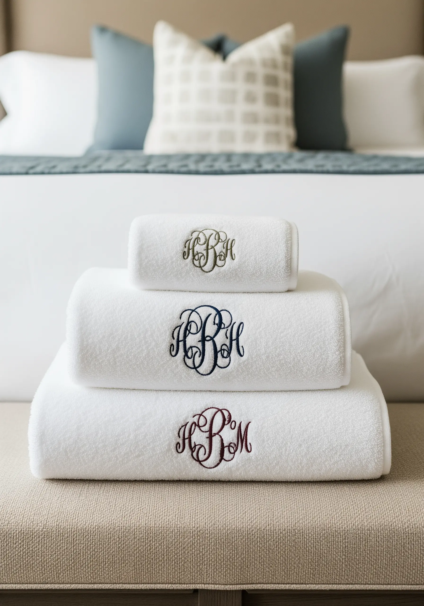 A stack of fluffy white towels, each featuring a different colored, ornately embroidered monogram.
