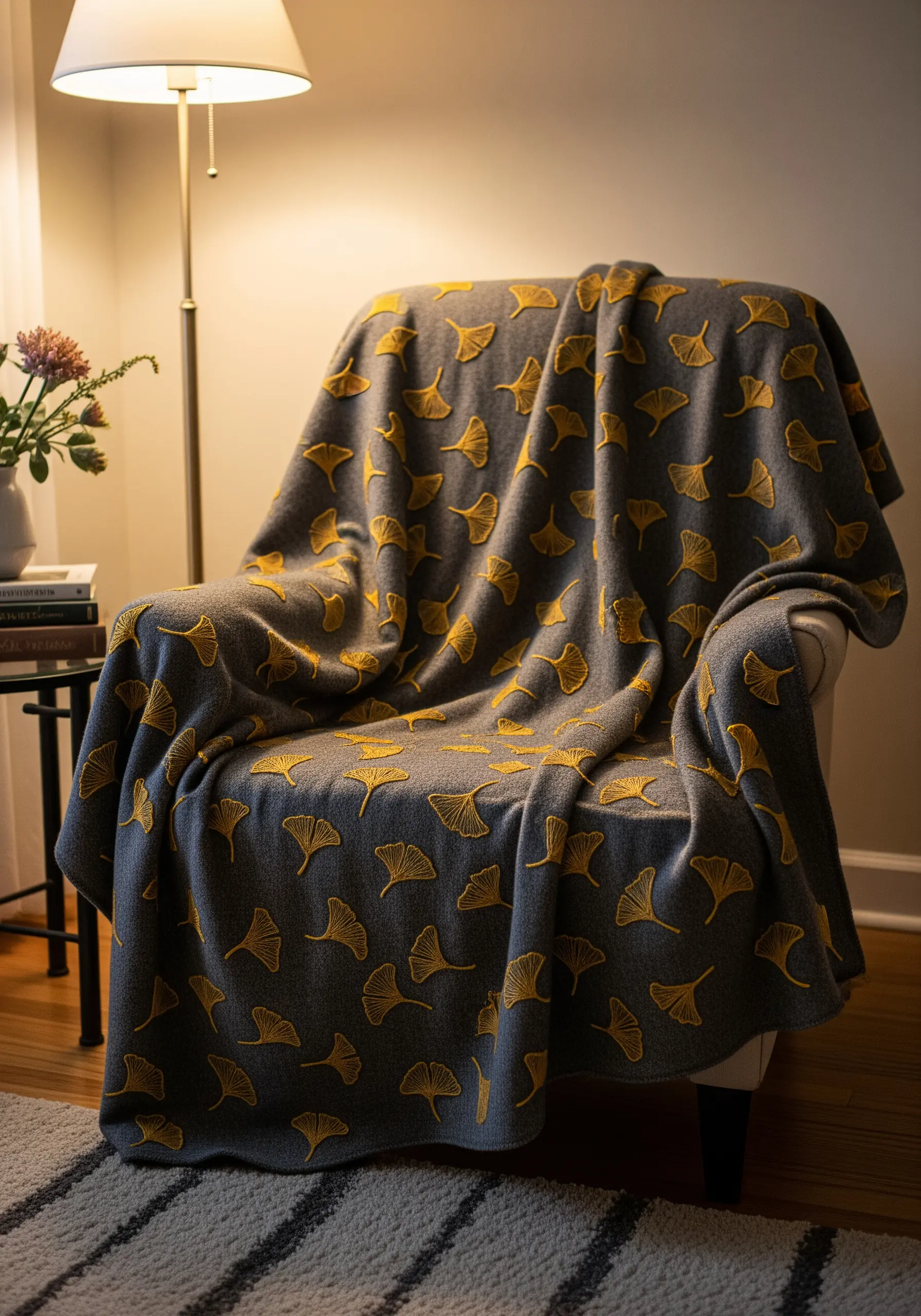 A gray knit throw blanket covered in an elegant repeating pattern of embroidered yellow ginkgo leaves.