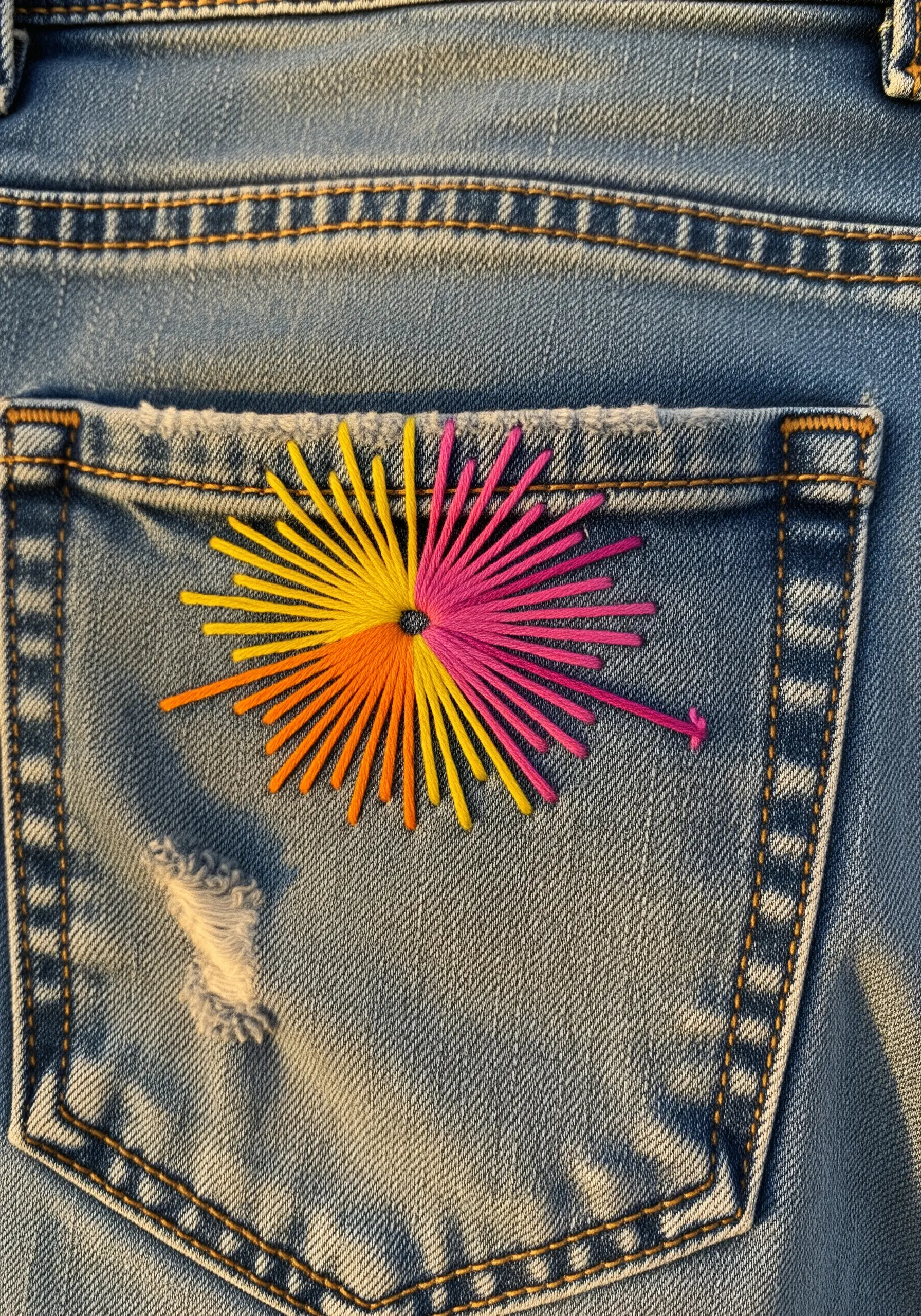 A vibrant sunburst of pink, orange, and yellow radiating straight stitches on a distressed denim pocket.