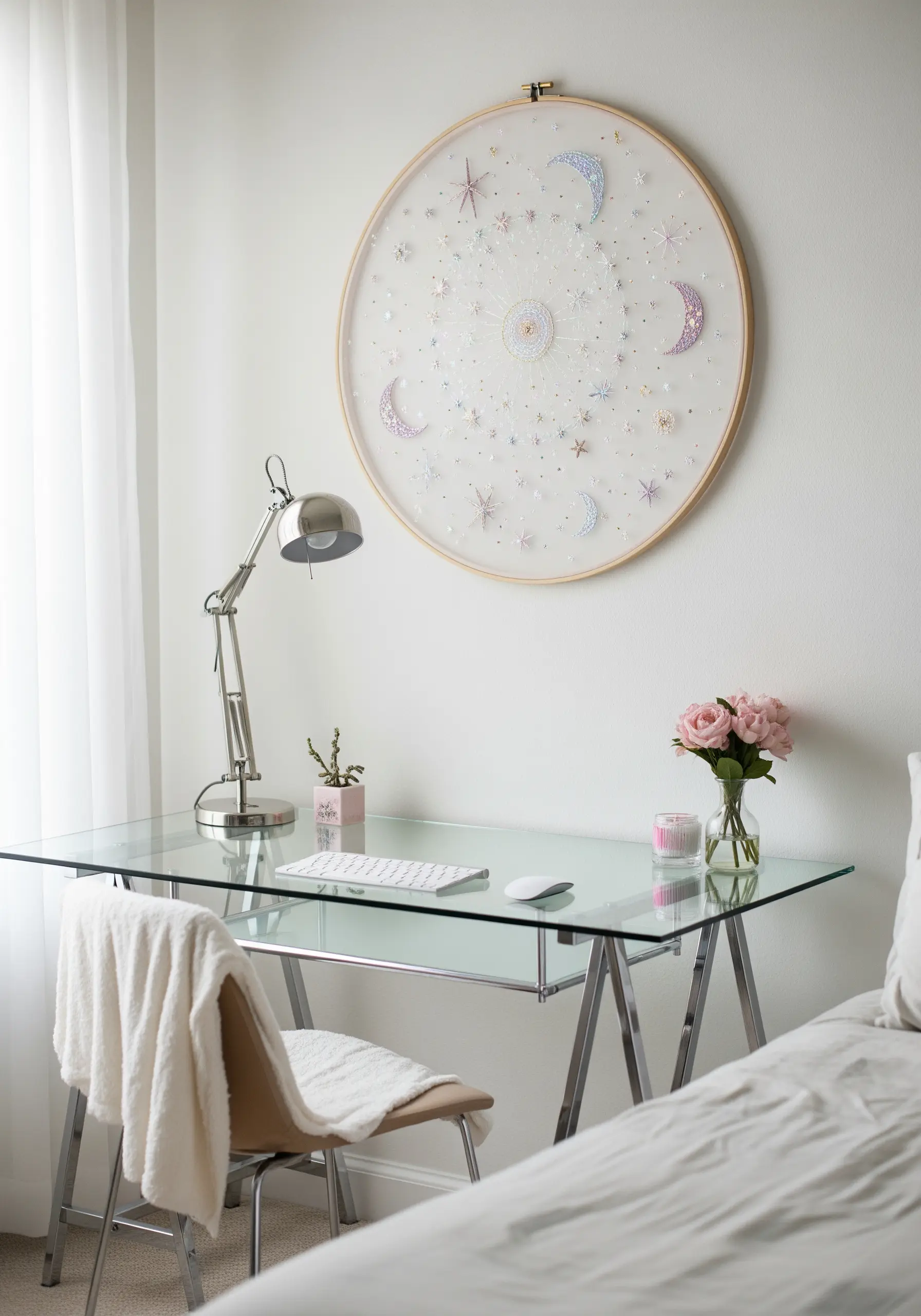A large hoop with celestial moon and star motifs embroidered on sheer organza fabric.
