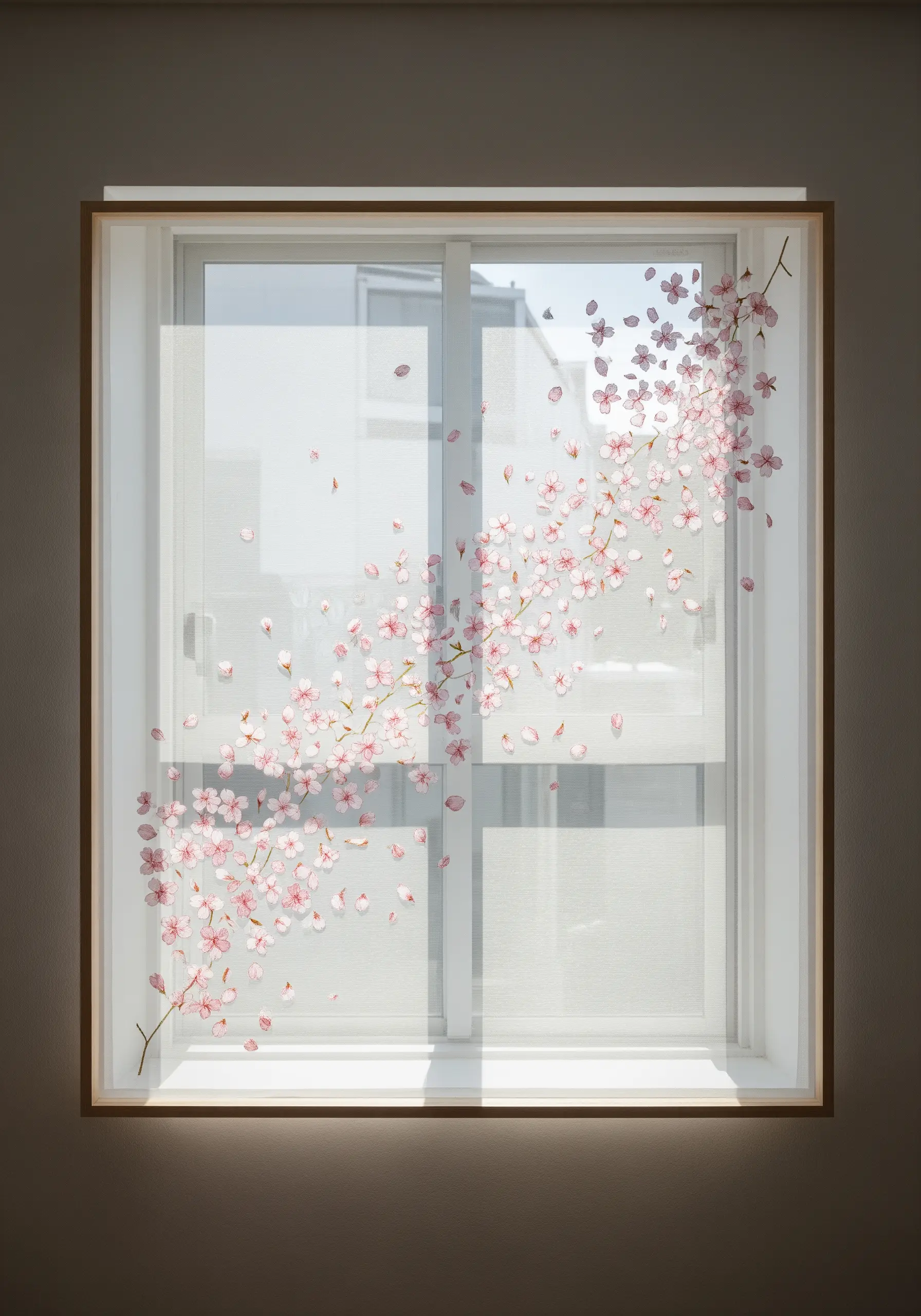 Embroidery of pink cherry blossoms on a sheer fabric panel, creating a delicate, floating effect.