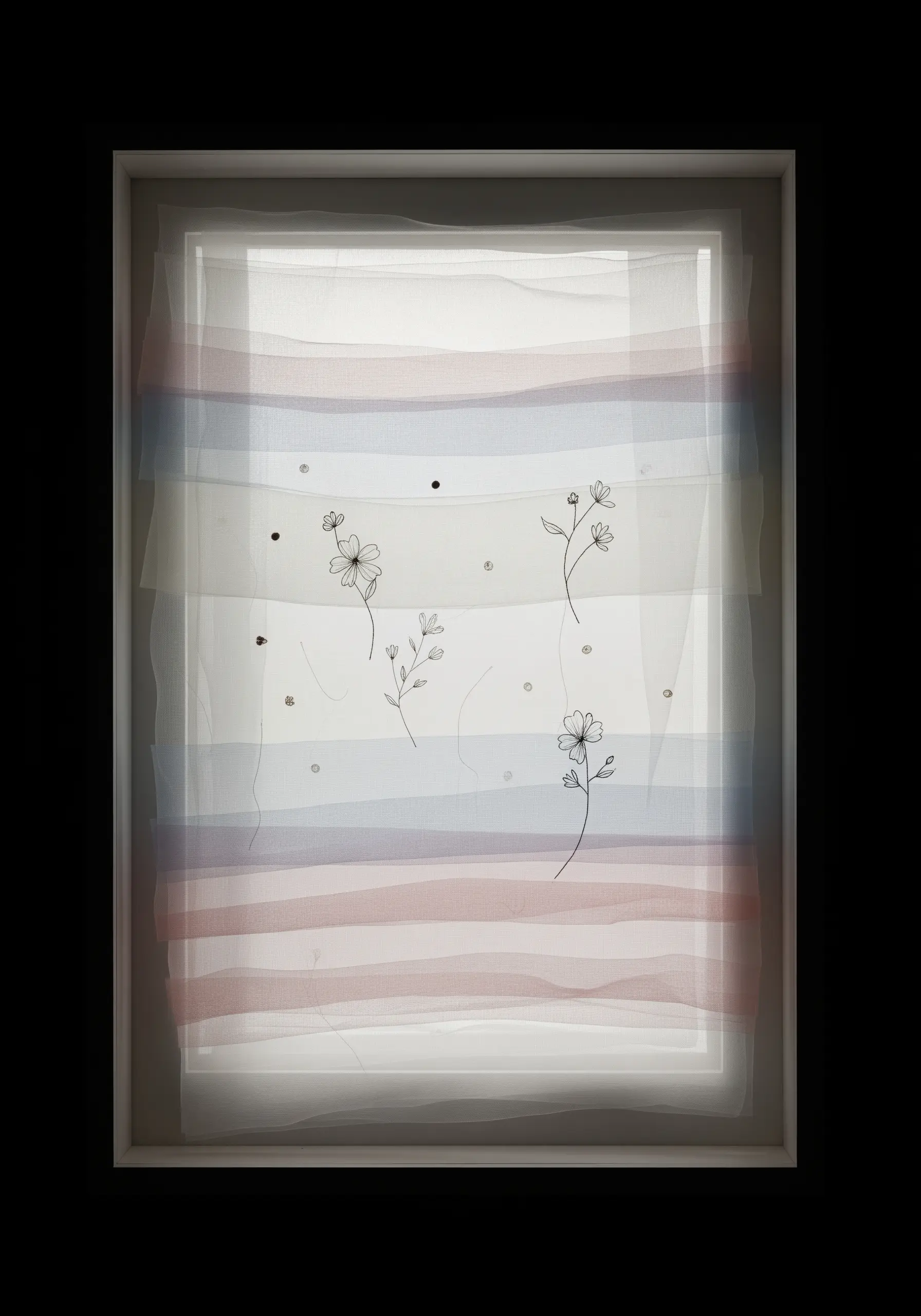 A backlit art piece with layered sheer fabrics in soft colors and minimal floral line embroidery.