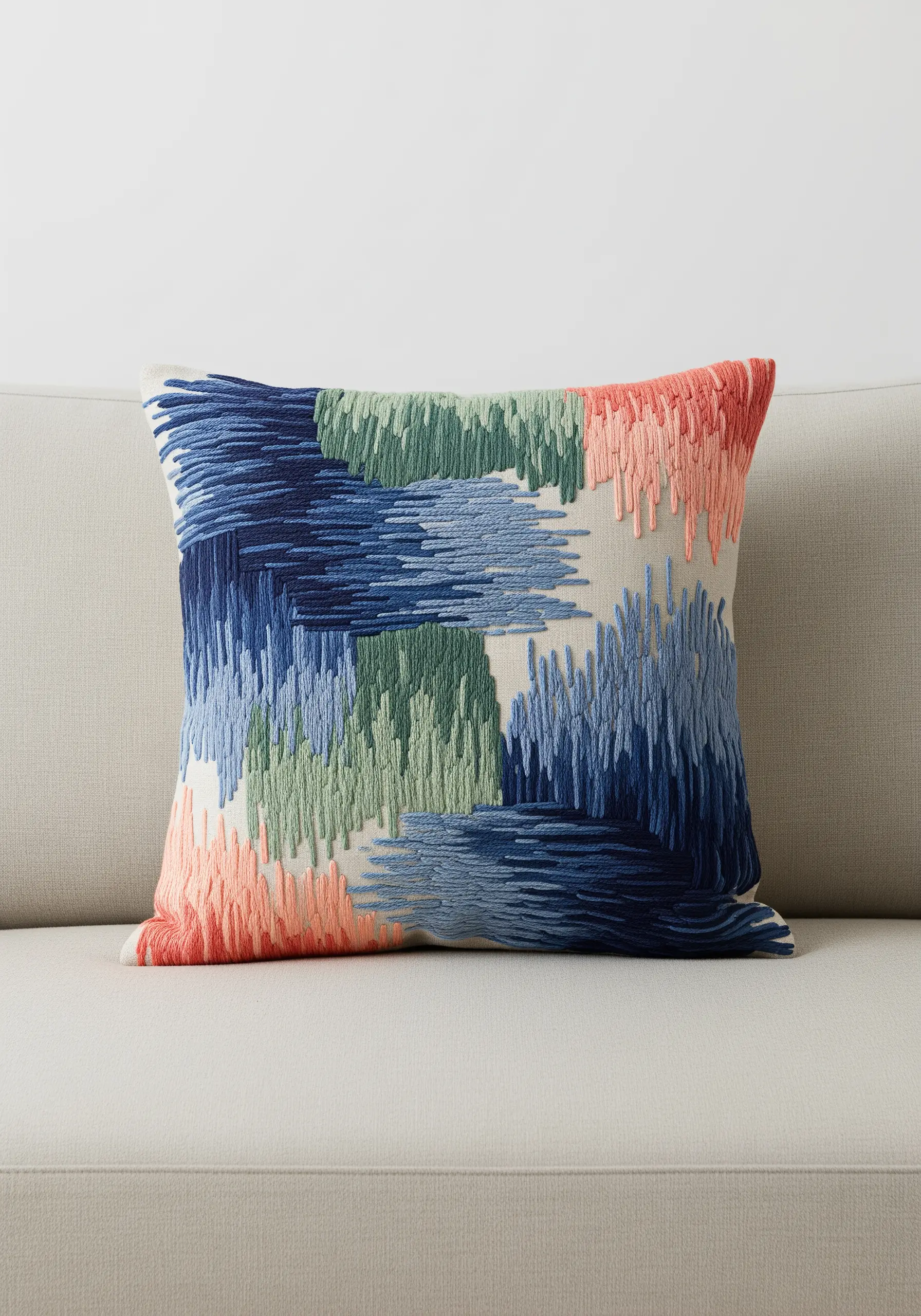 An abstract pillow with vertical blocks of color created with loose, expressive thread painting.