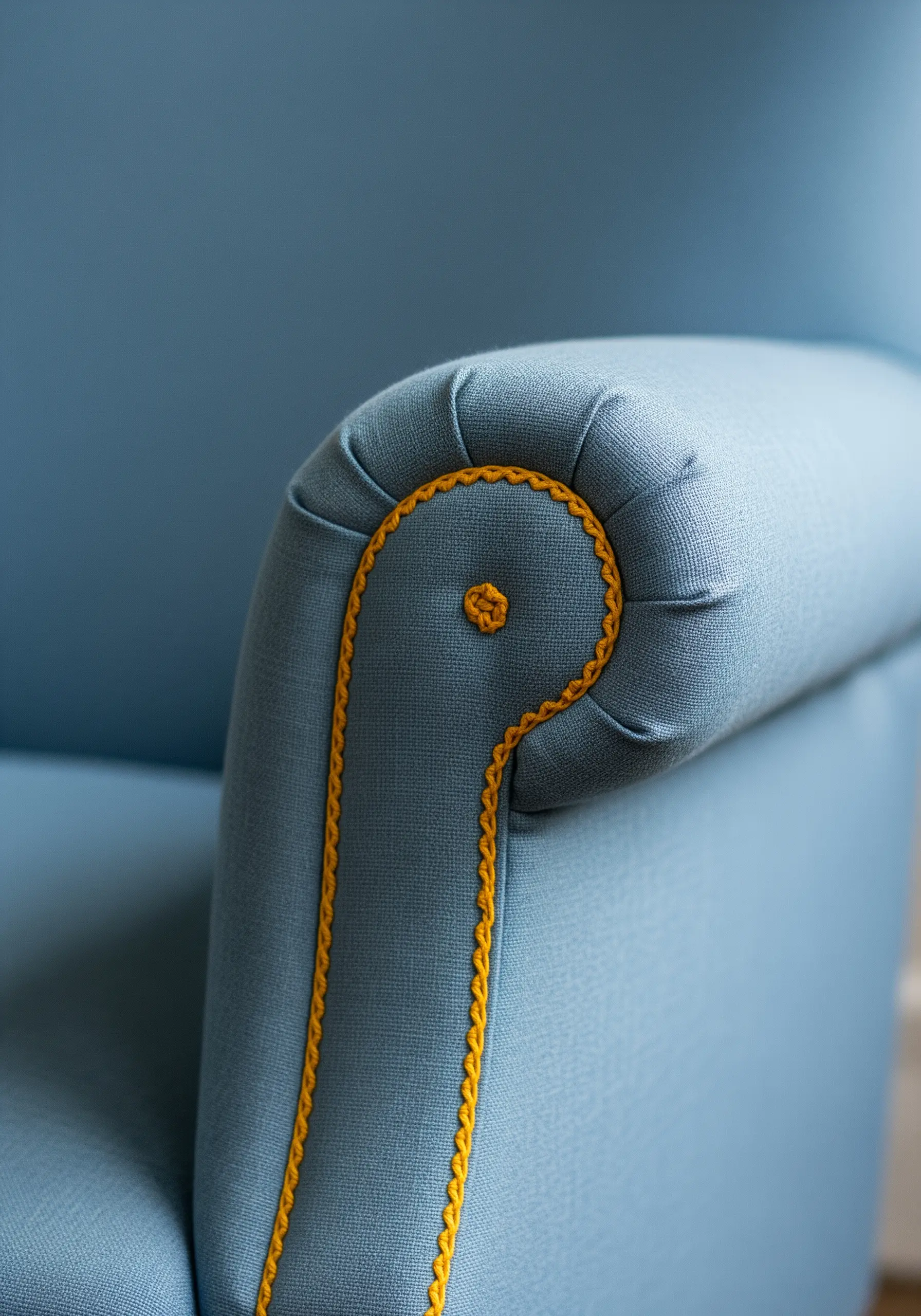 A thick, yellow corded stitch outlining the scroll arm of a blue armchair.