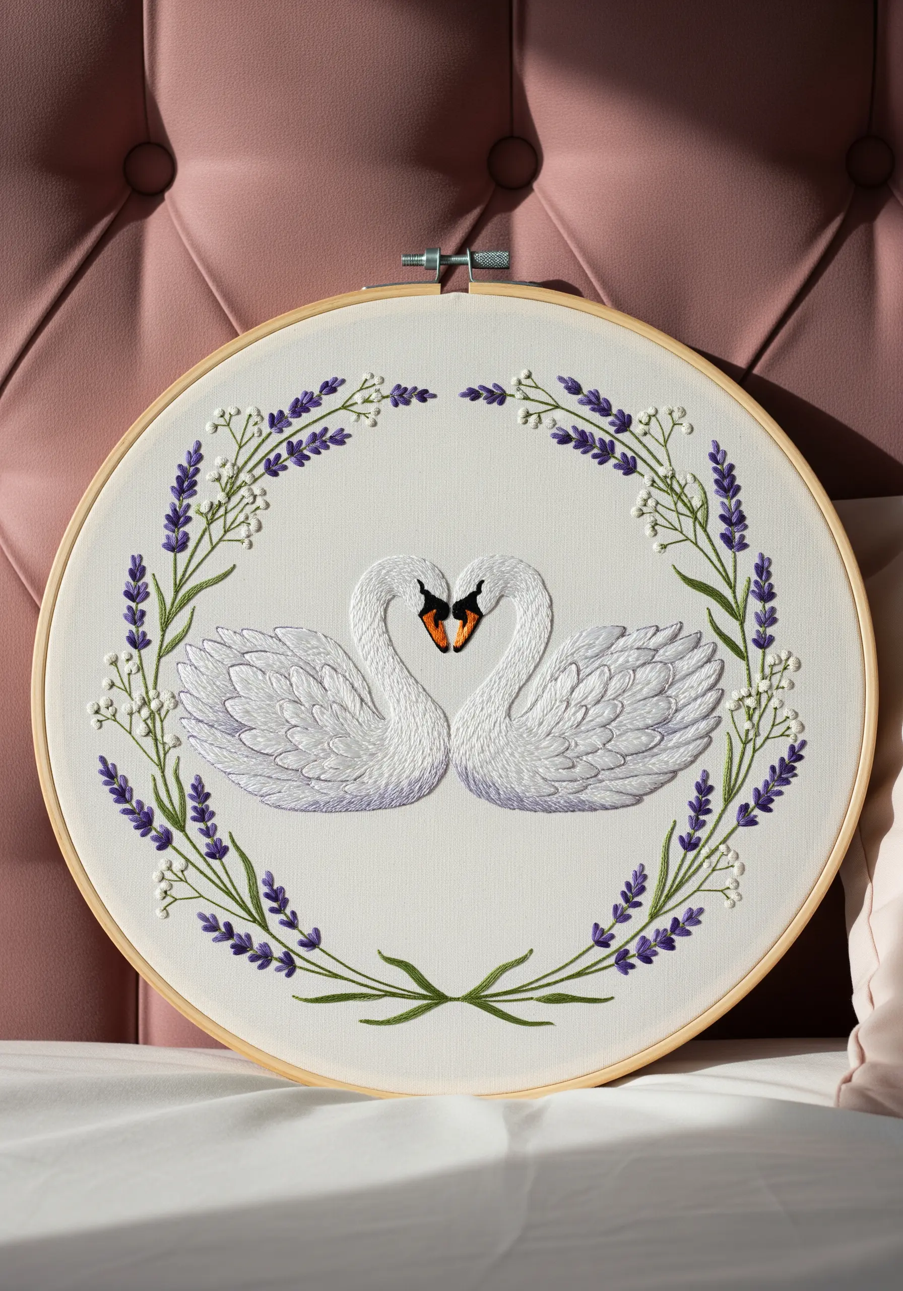 Two swans forming a heart shape, embroidered with lavender details and soft feather textures.