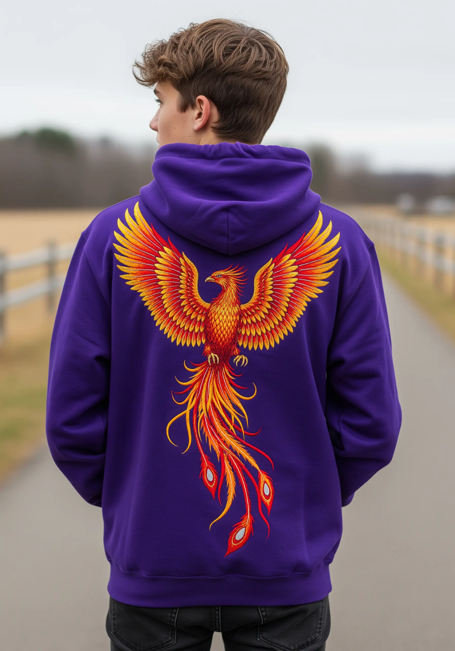 A magnificent phoenix with fiery red and orange wings embroidered on a purple hoodie's back.