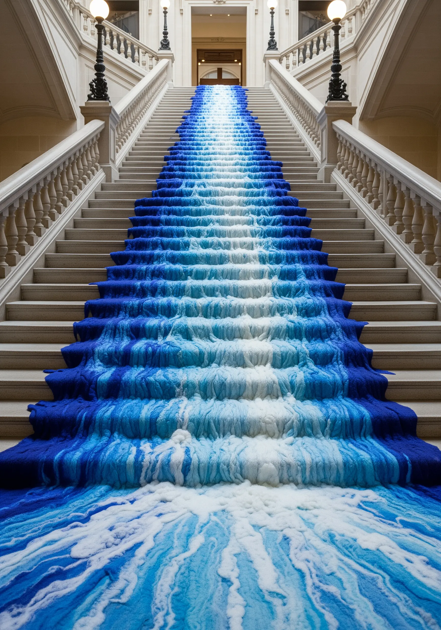 A grand staircase covered in a cascade of felted wool dyed in a blue-to-white ocean gradient.
