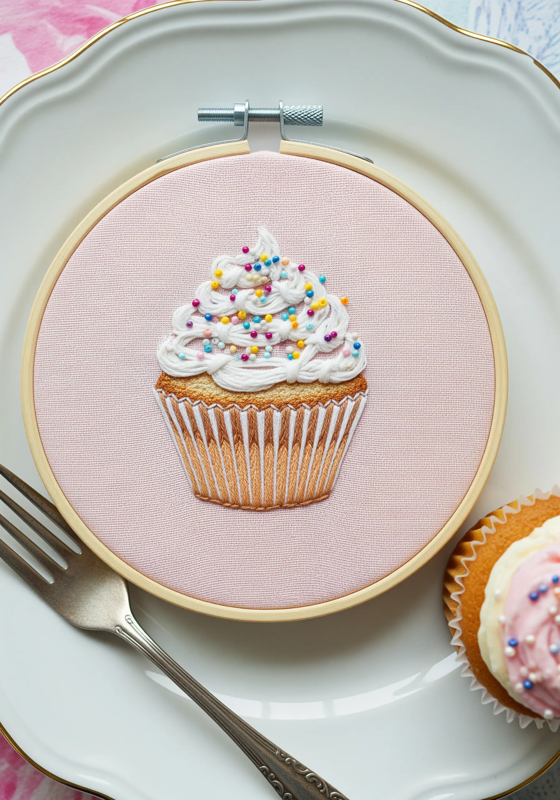 Embroidered cupcake with fluffy, three-dimensional white frosting and colorful French knot sprinkles.