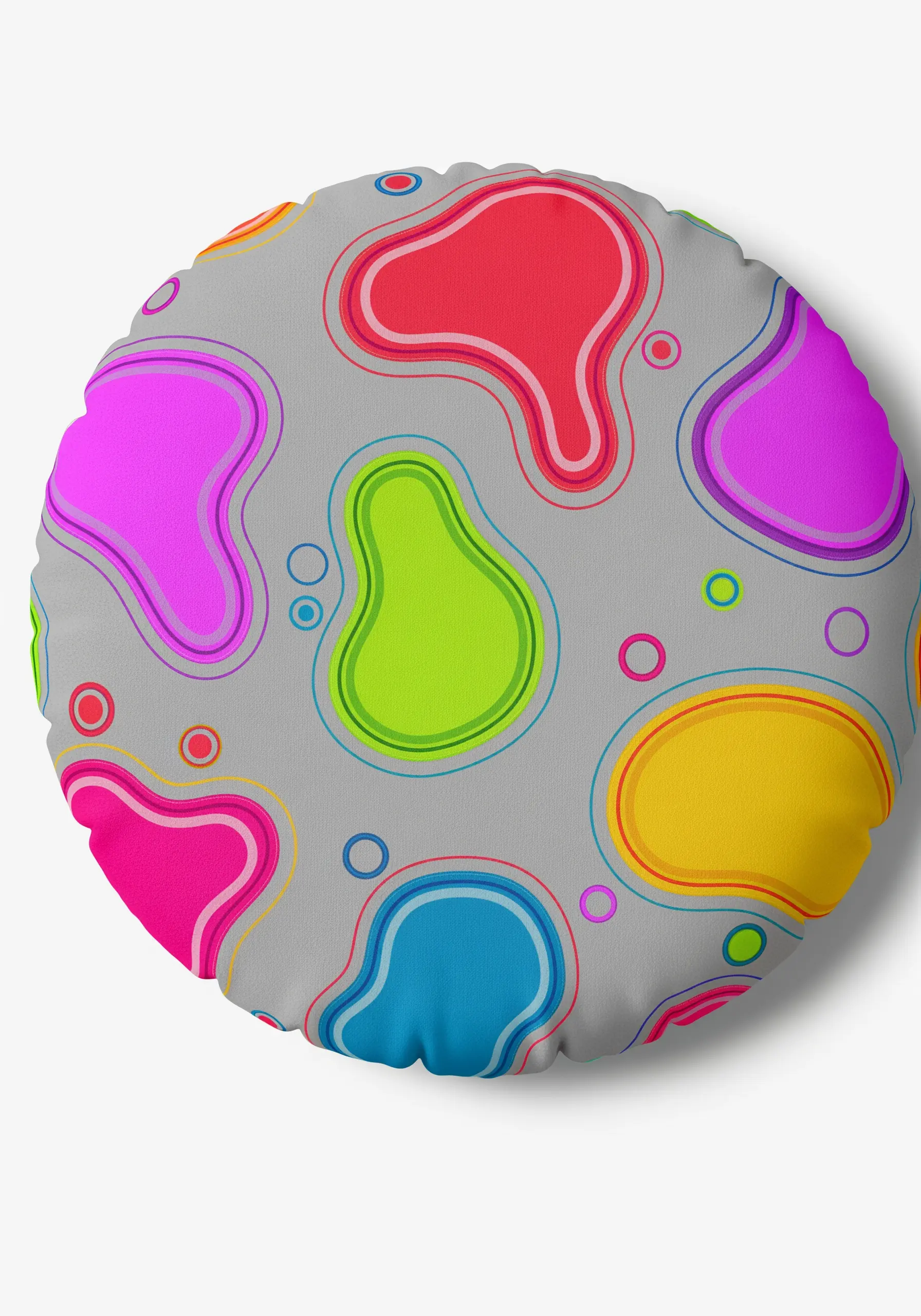 Abstract, fluid 'lava lamp' shapes in bright colors on a round gray pillow.