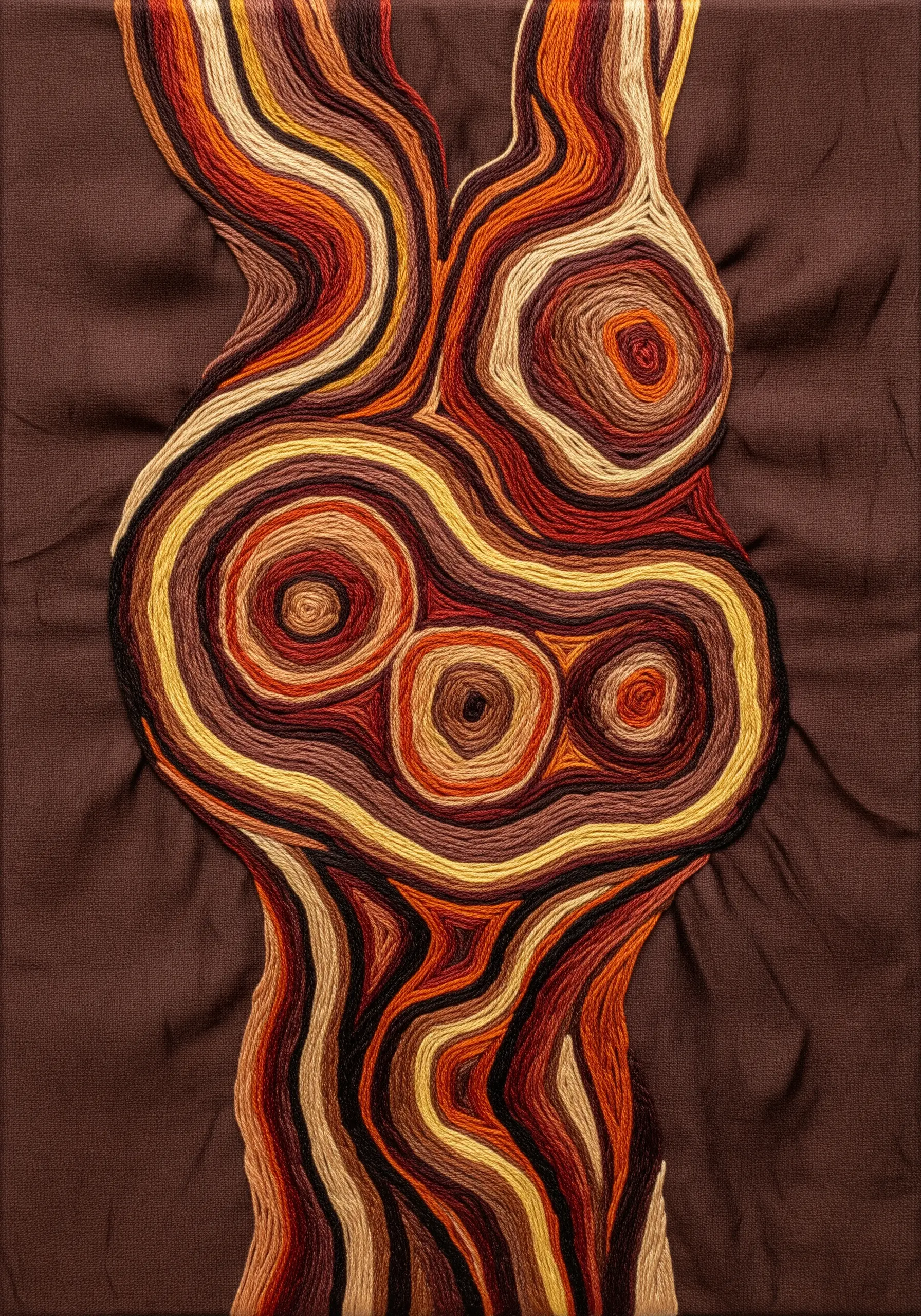Abstract embroidery with swirling, concentric lines of couched yarn in earthy reds and yellows.