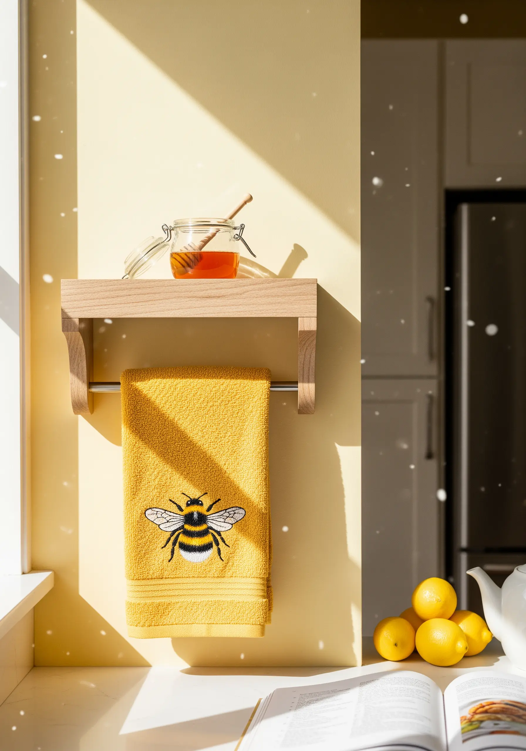 A realistically embroidered bumblebee with fuzzy texture on a bright yellow terrycloth towel.