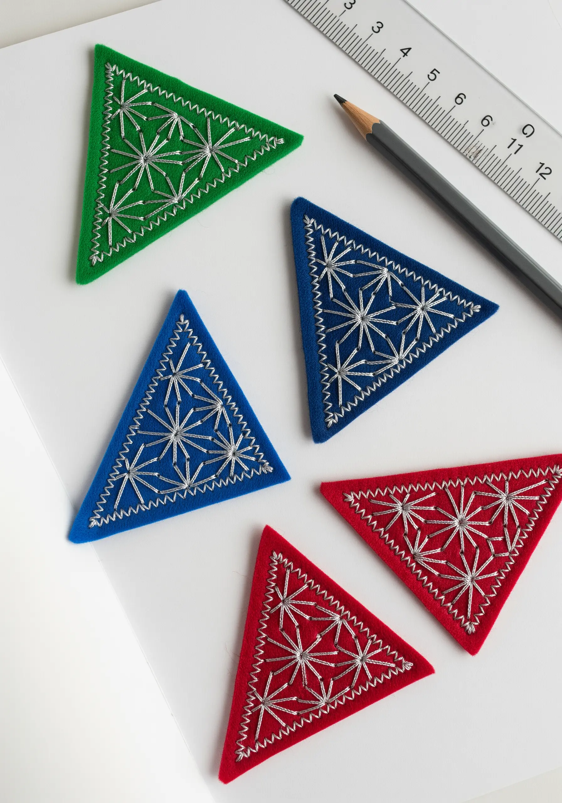 Triangular felt book corners in red, blue, and green, decorated with geometric silver bugle bead patterns.