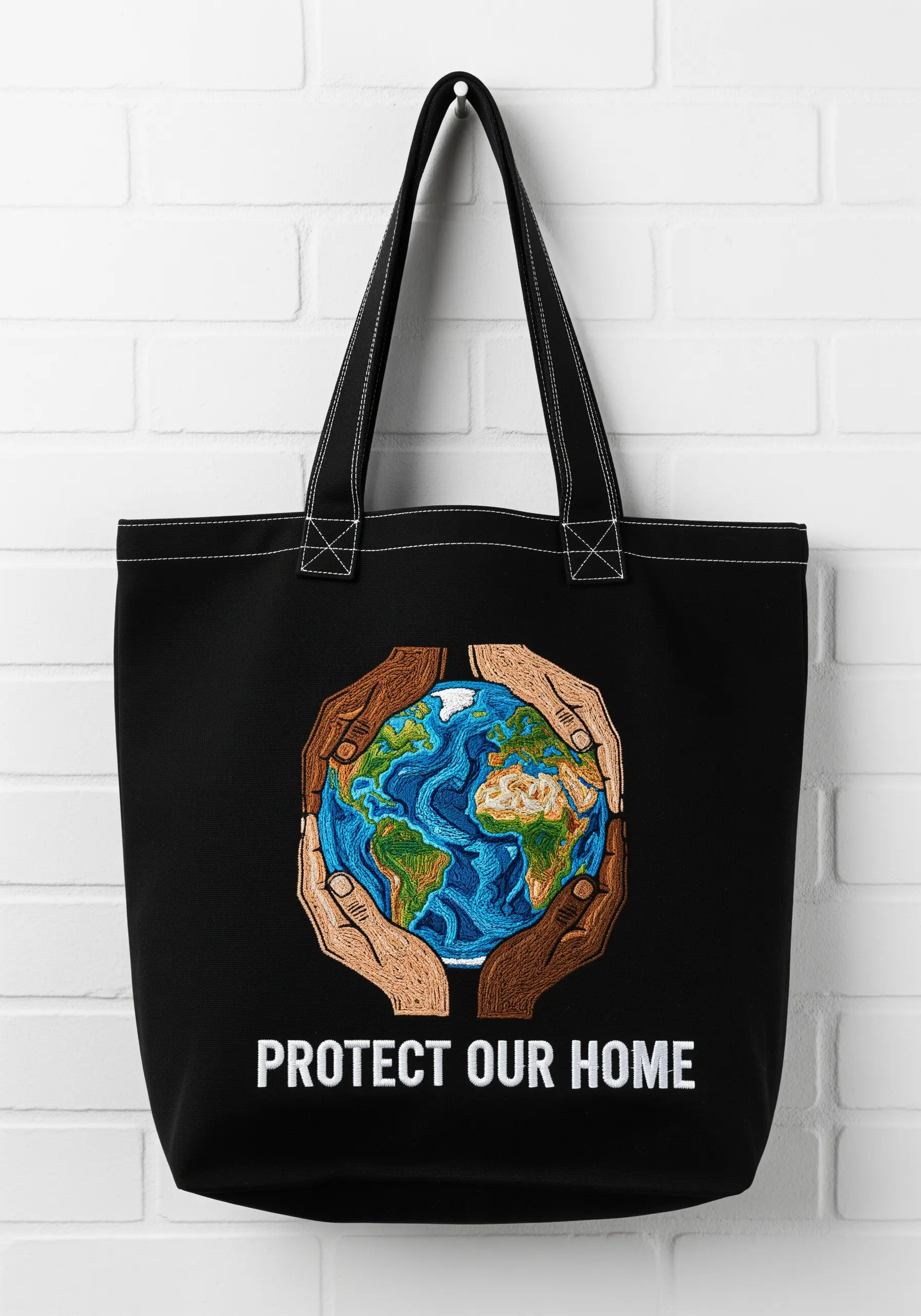Detailed embroidery of hands in diverse skin tones cradling planet Earth on a black tote bag.