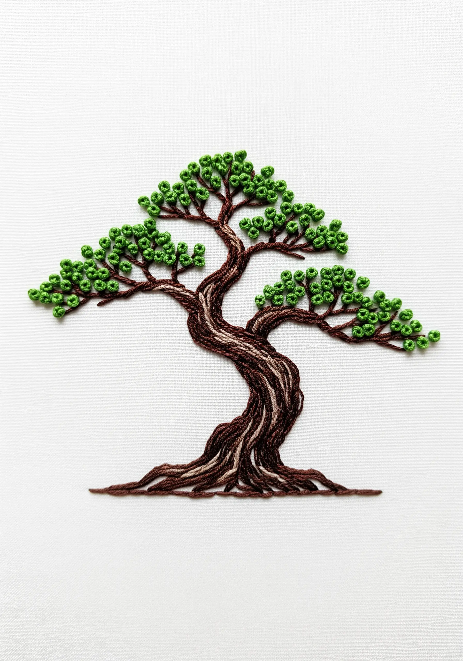 A detailed bonsai tree embroidery with a textured, gnarled trunk and French knot leaves.
