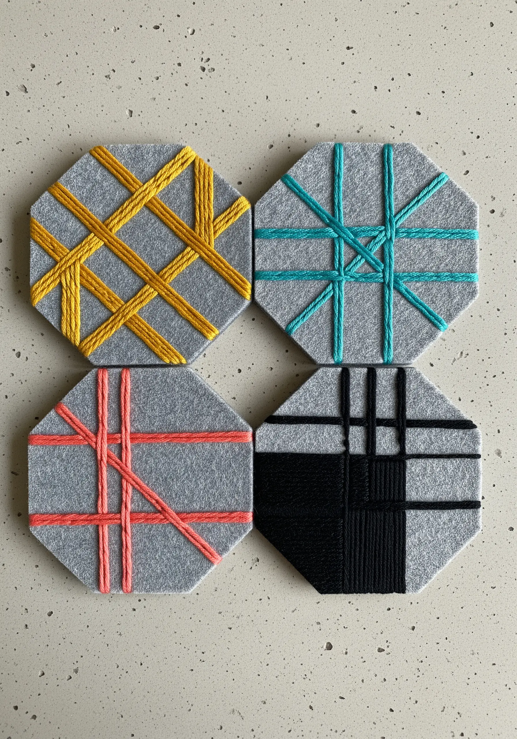 Four gray felt coasters decorated with geometric patterns in yellow, teal, coral, and black yarn.