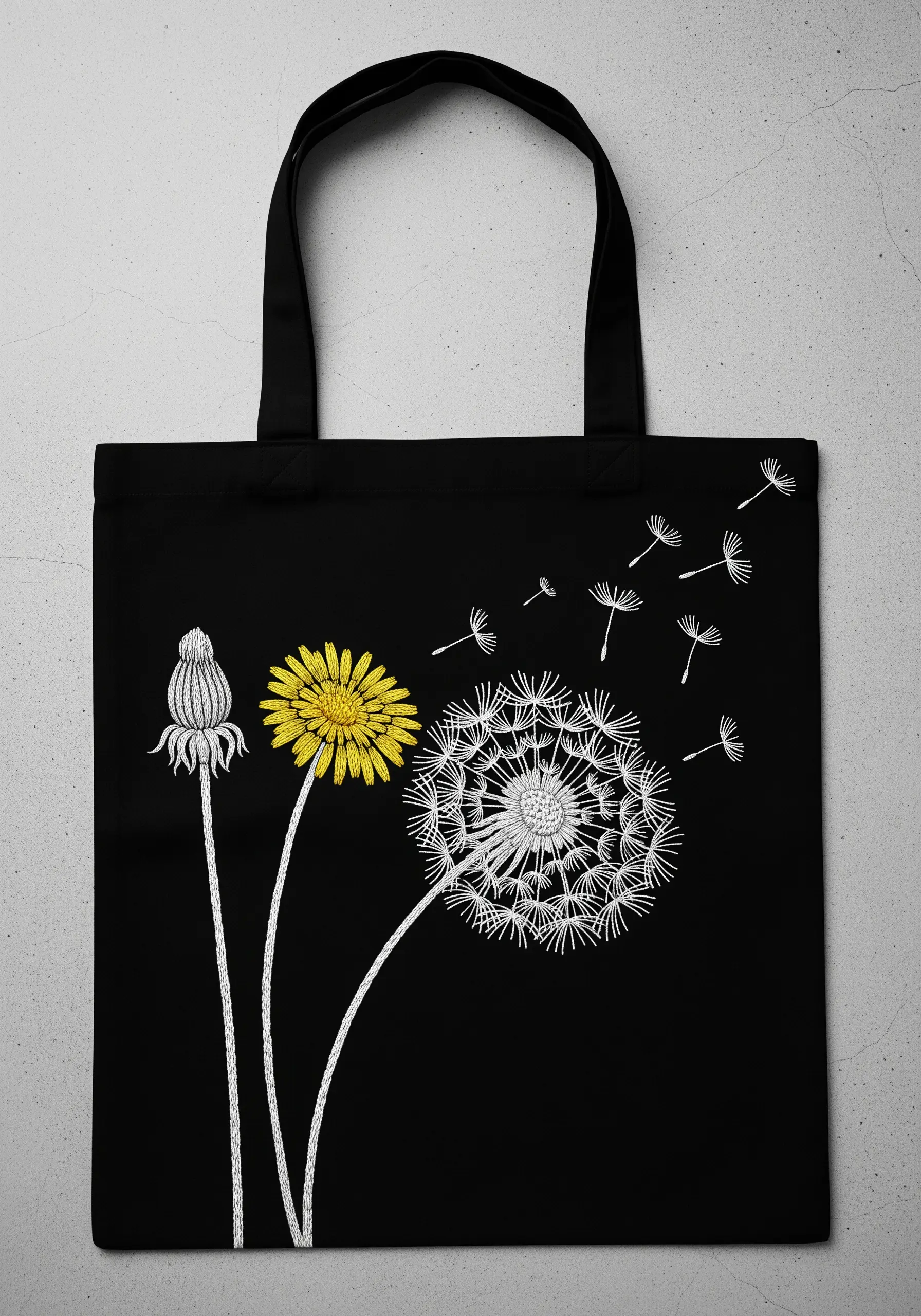 A graphic dandelion embroidered in white and yellow thread on a black tote bag.