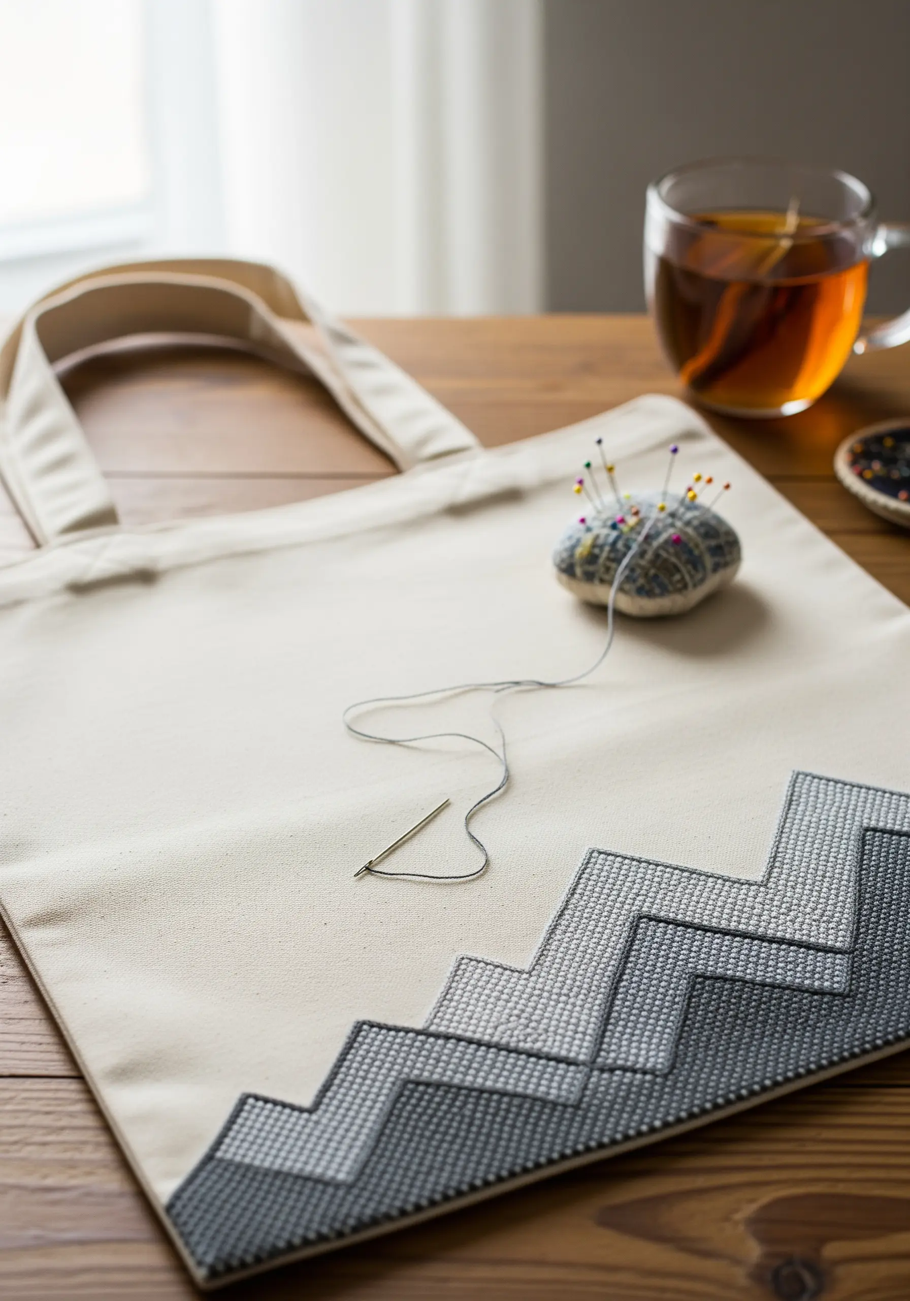 A geometric, textured border stitched in shades of gray on a canvas tote bag.