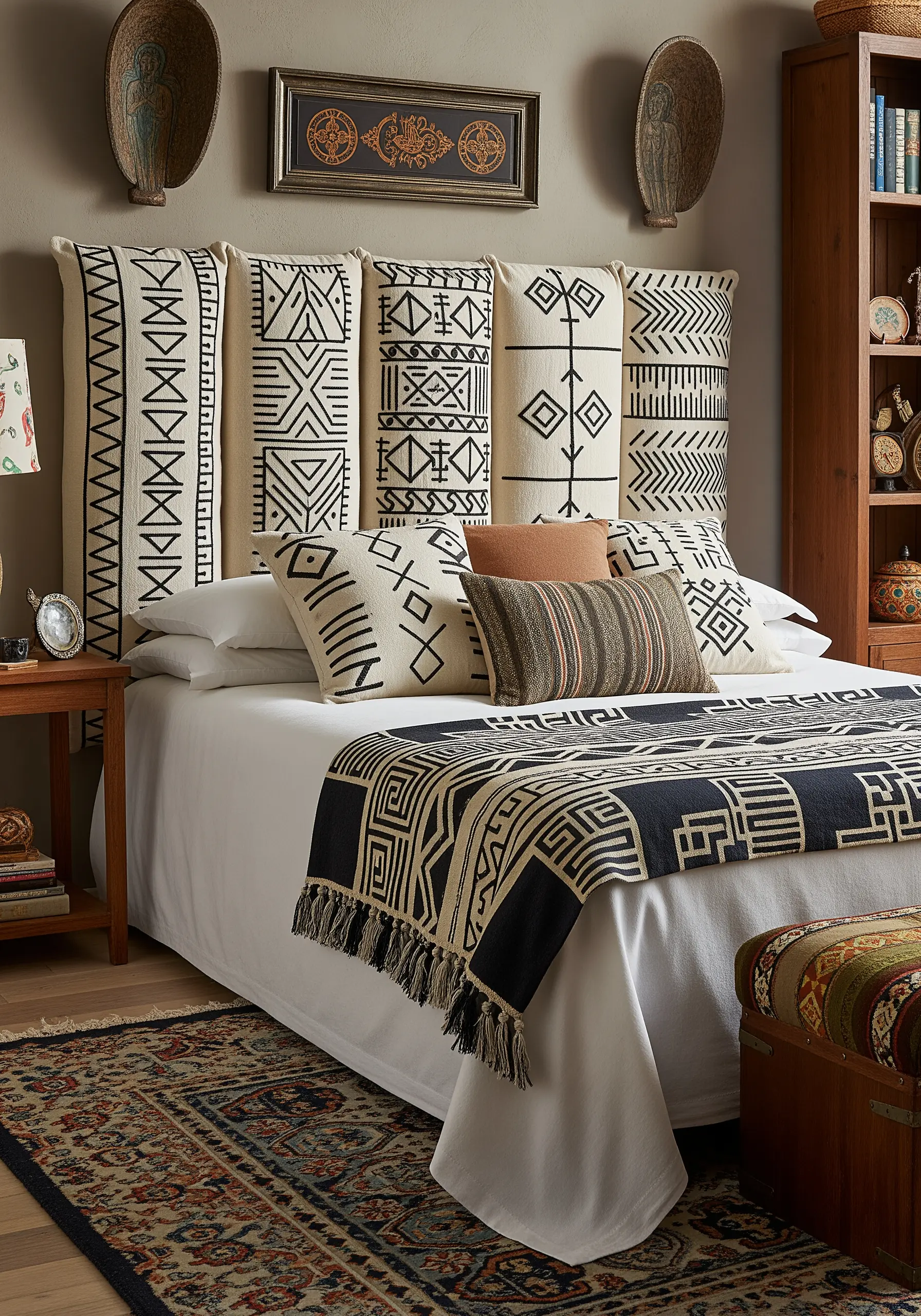 African mudcloth-inspired geometric patterns embroidered on upholstered headboard panels.