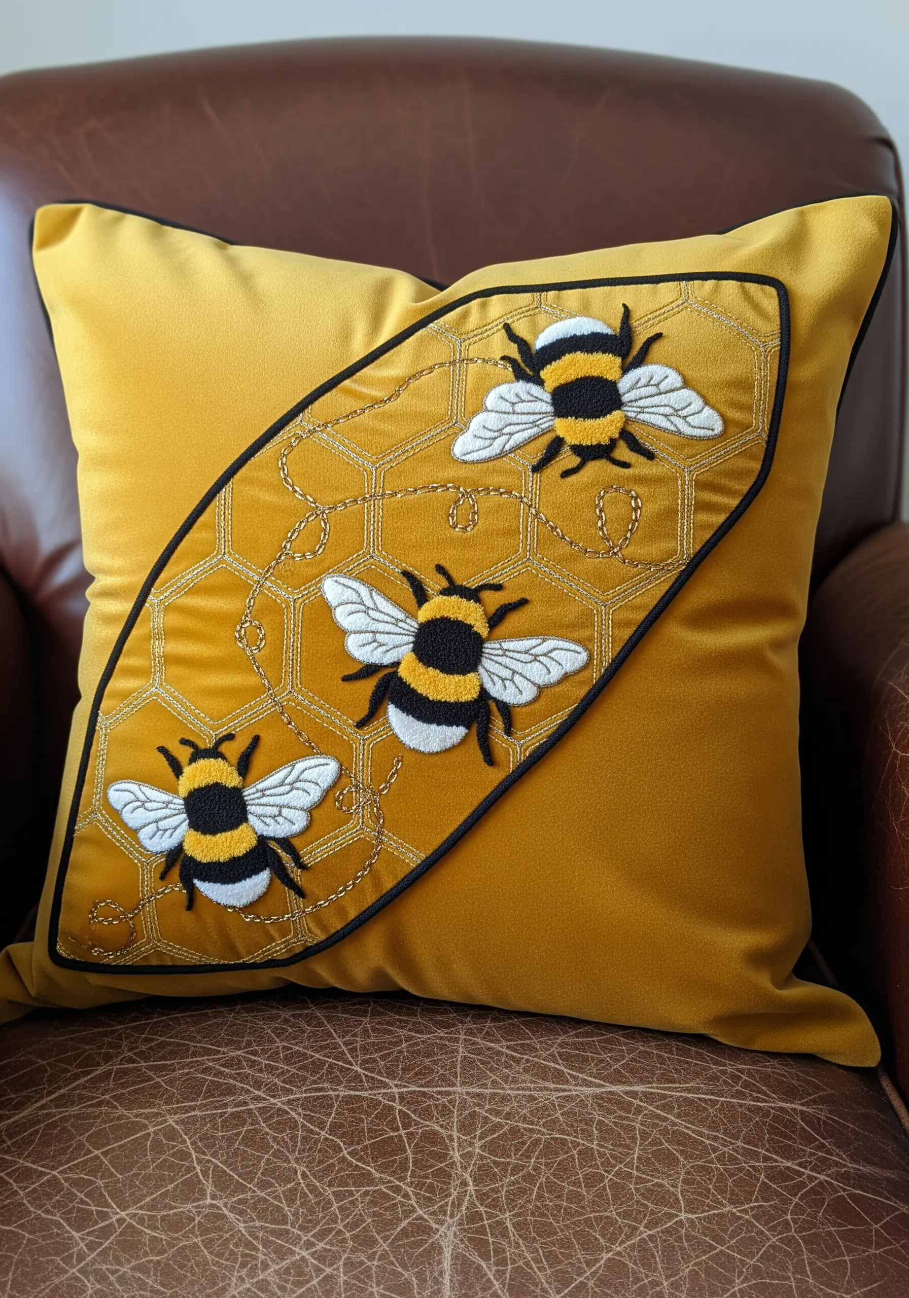 Three embroidered bees with padded bodies on a honeycomb pattern on a yellow cushion.