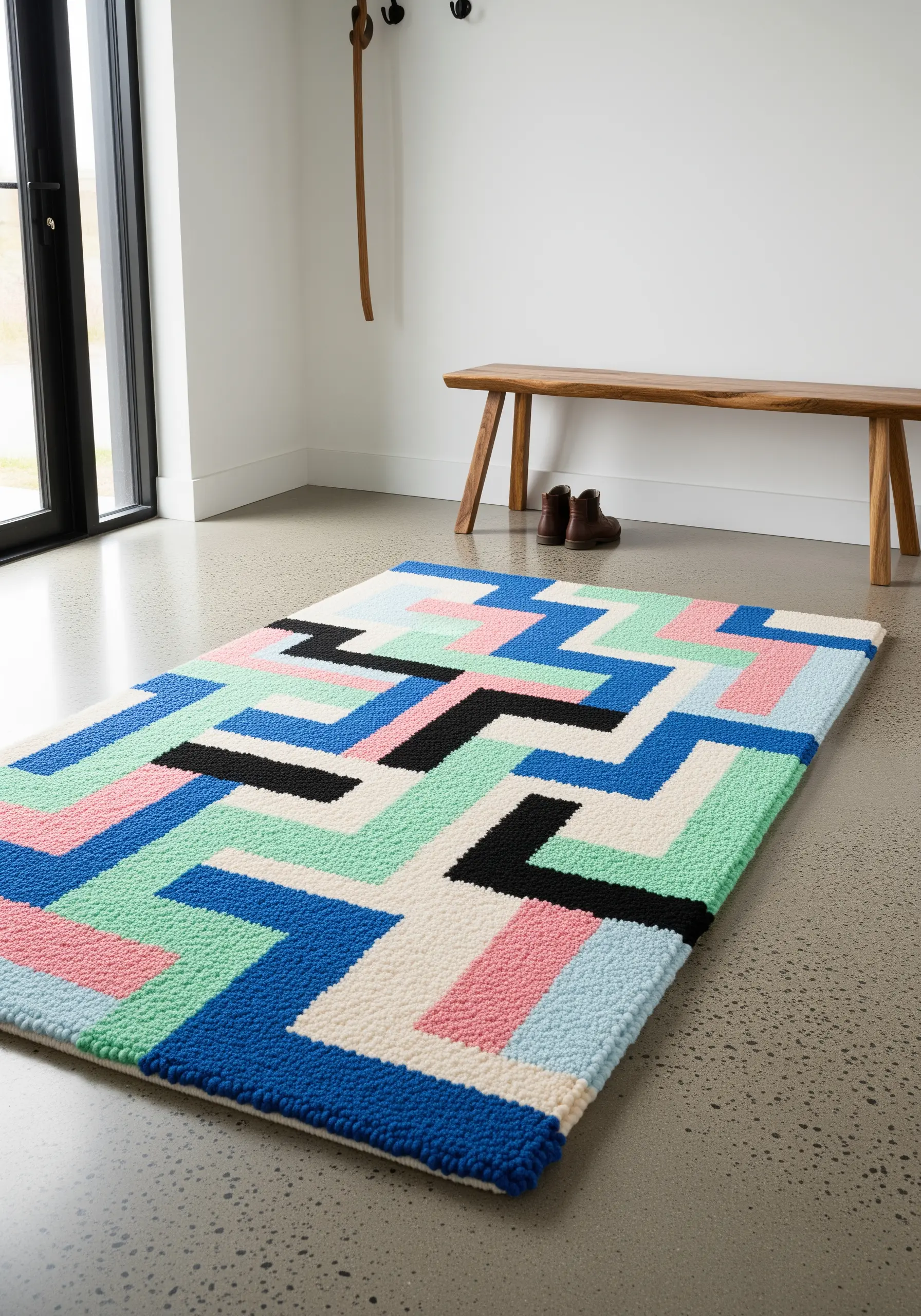 A colorful geometric punch needle rug with abstract color-blocked shapes.