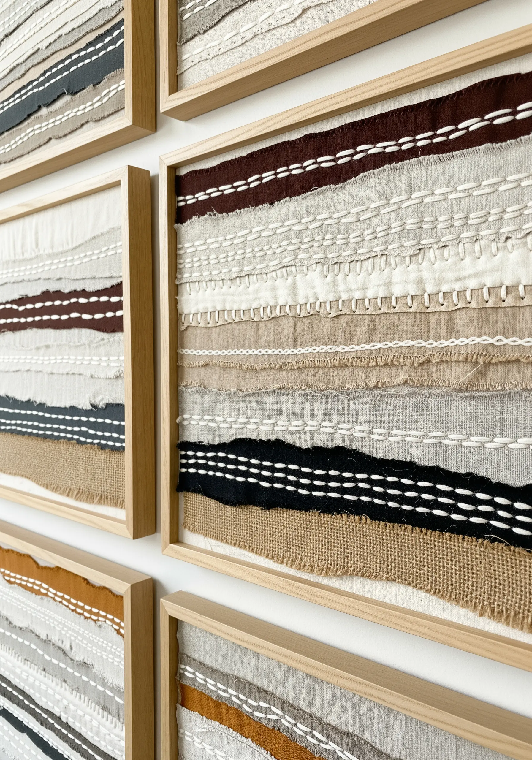 A series of framed fabric collages with layers of neutral textiles and simple white stitches.