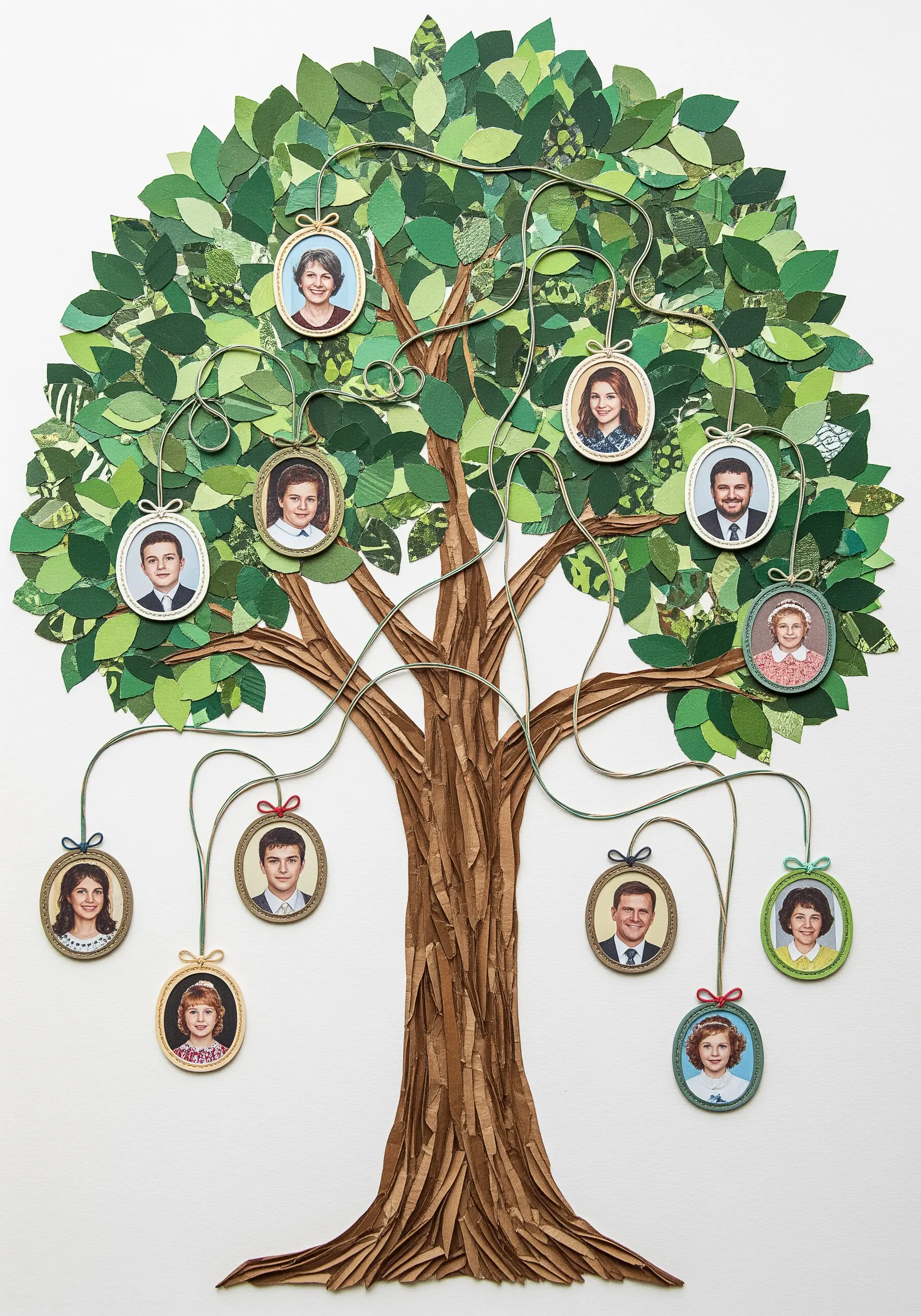 A paper collage family tree with small framed portraits hanging from the branches.
